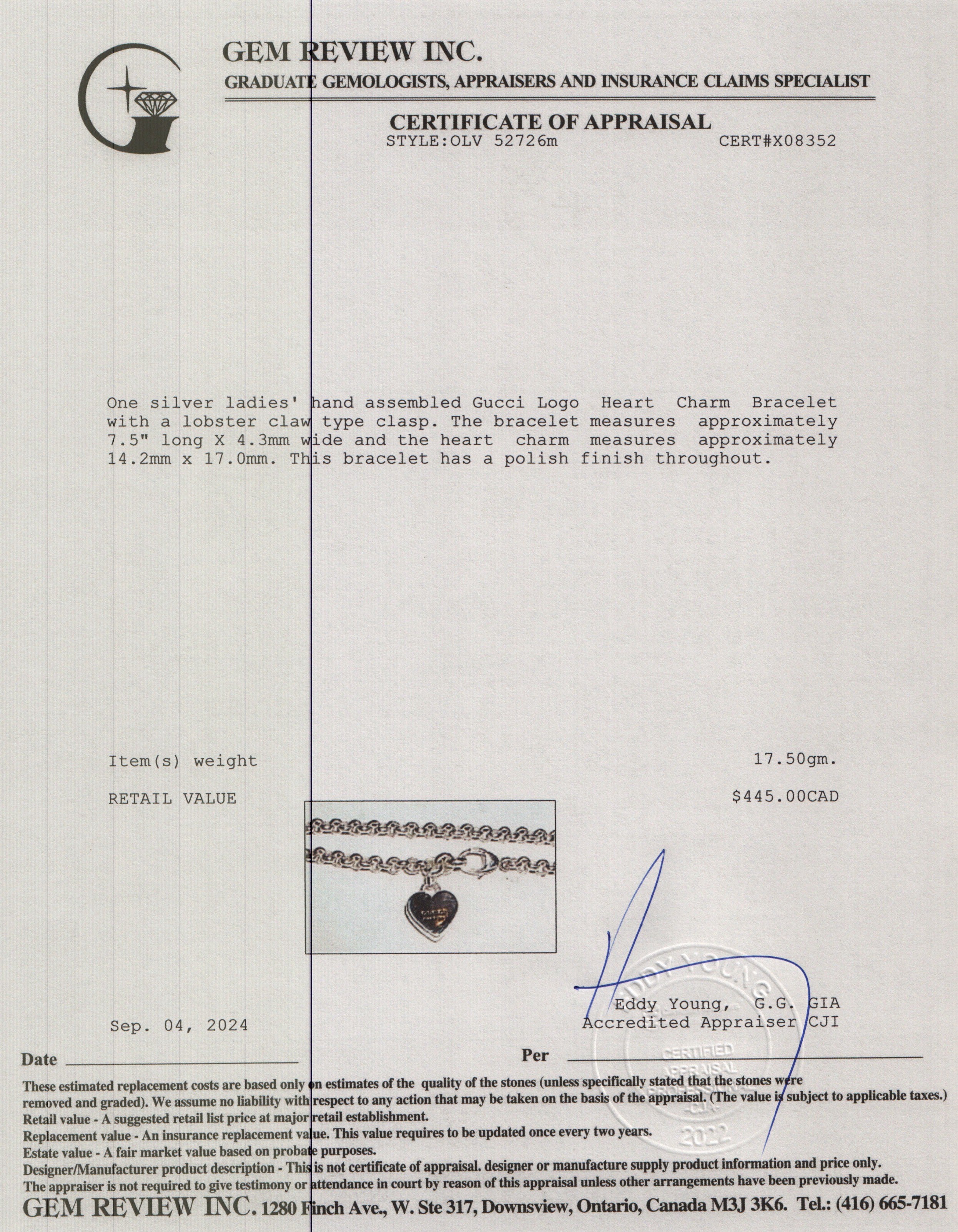 Gucci Sterling Silver Logo Heart Charm Bracelet w/ Box