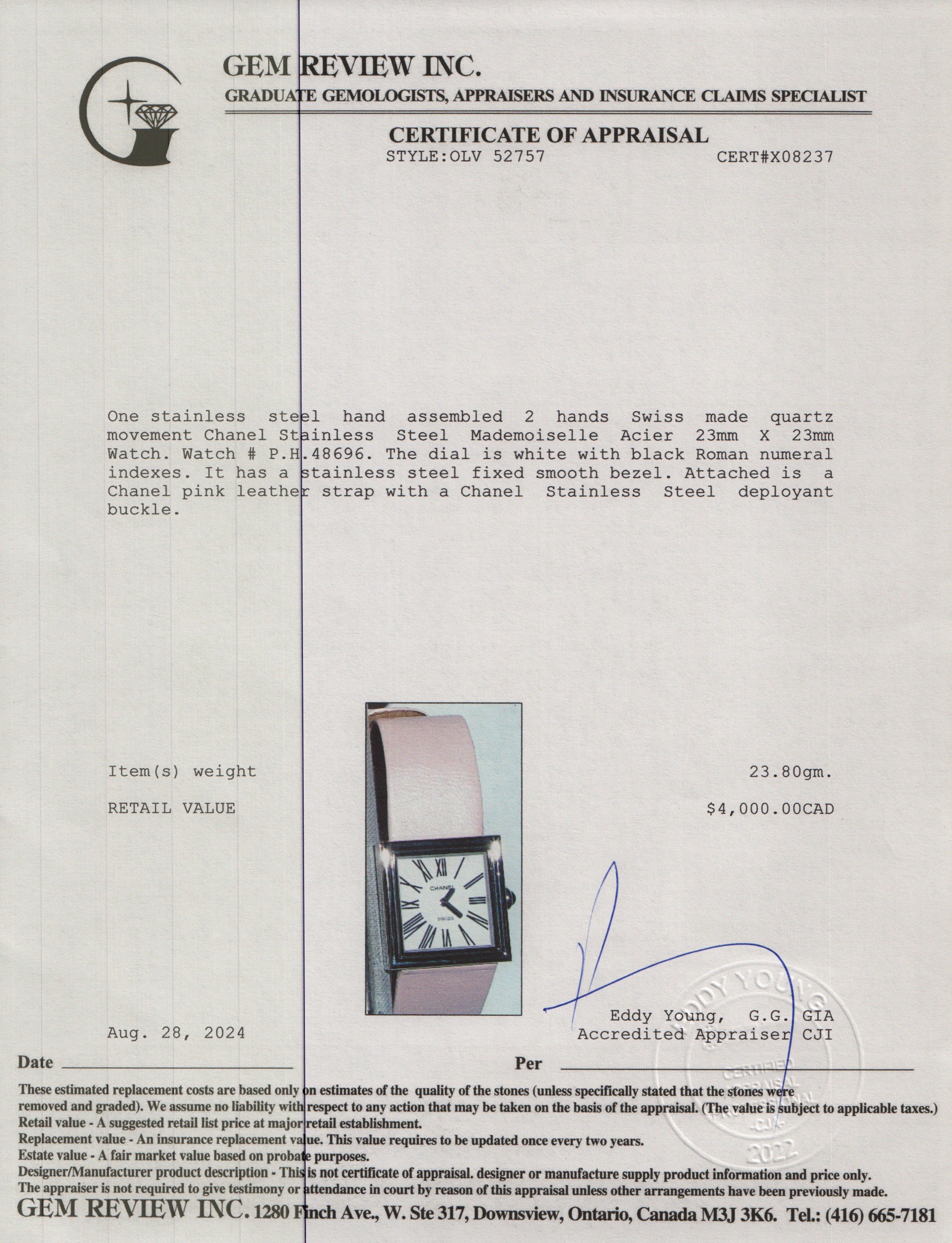 Chanel Stainless Steel Mademoiselle Acier Watch