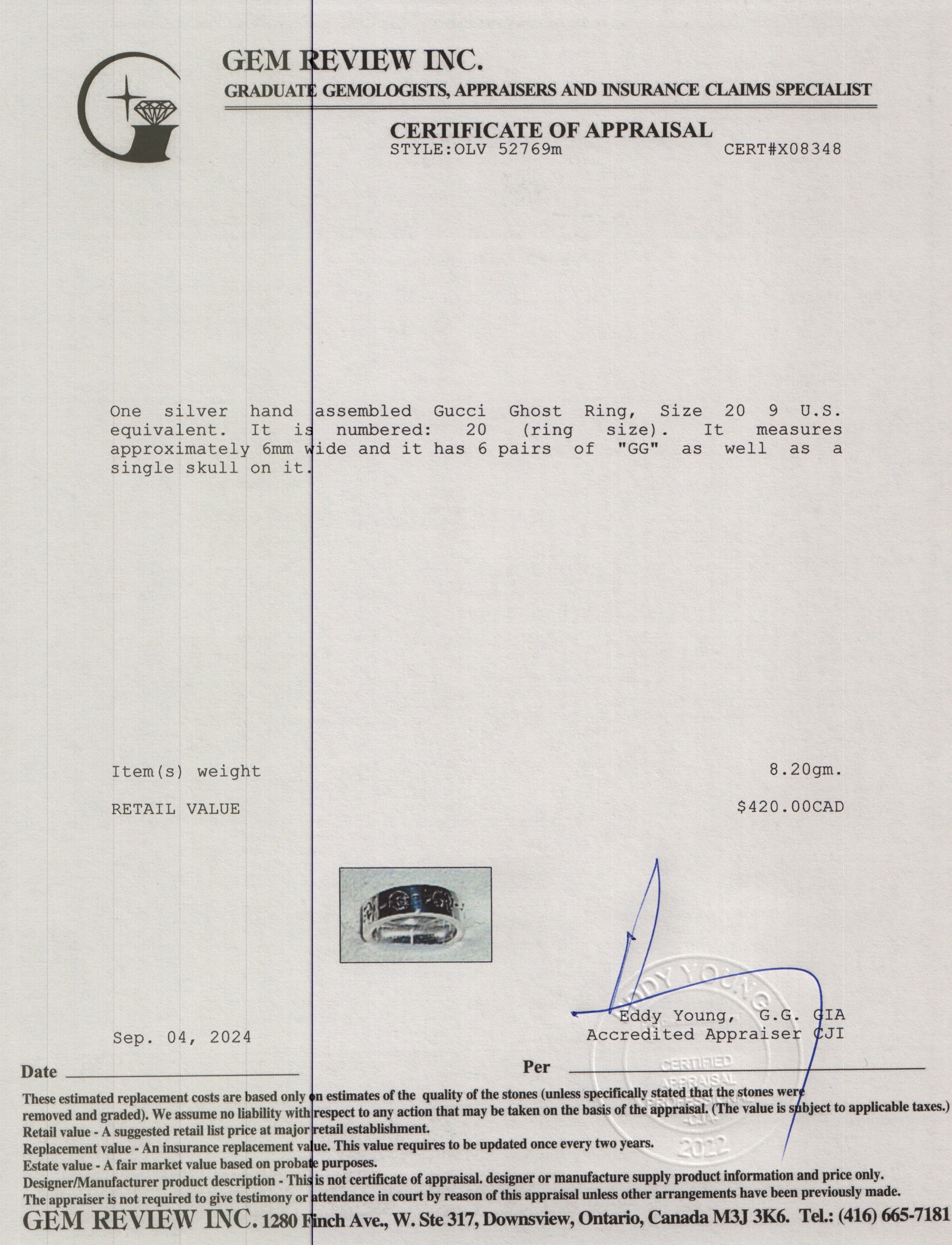 Gucci Sterling Silver Ghost Ring, Size 20 9