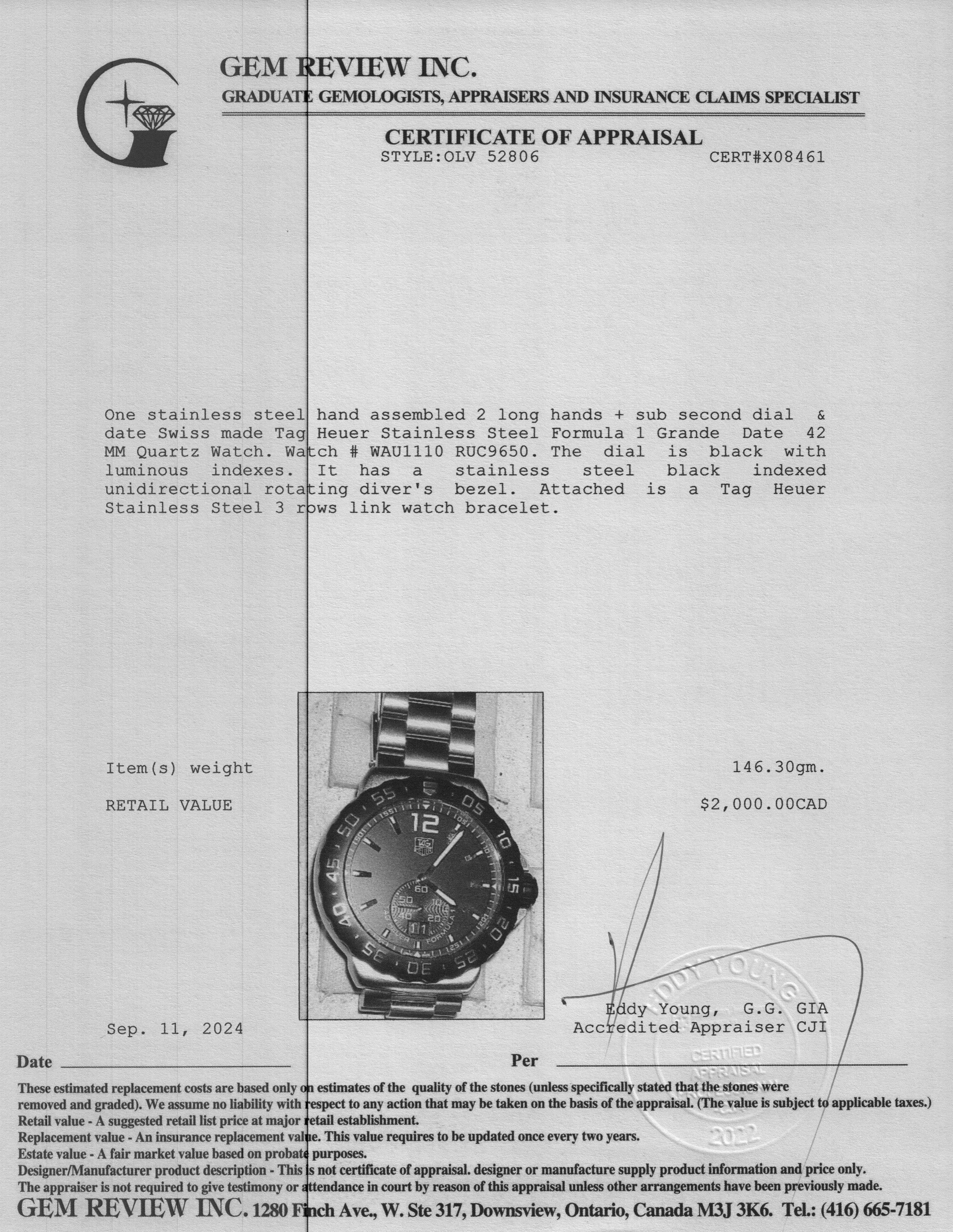 Tag Heuer Stainless Steel Formula 1 Grande Date 42 MM Quartz Watch WAU1110