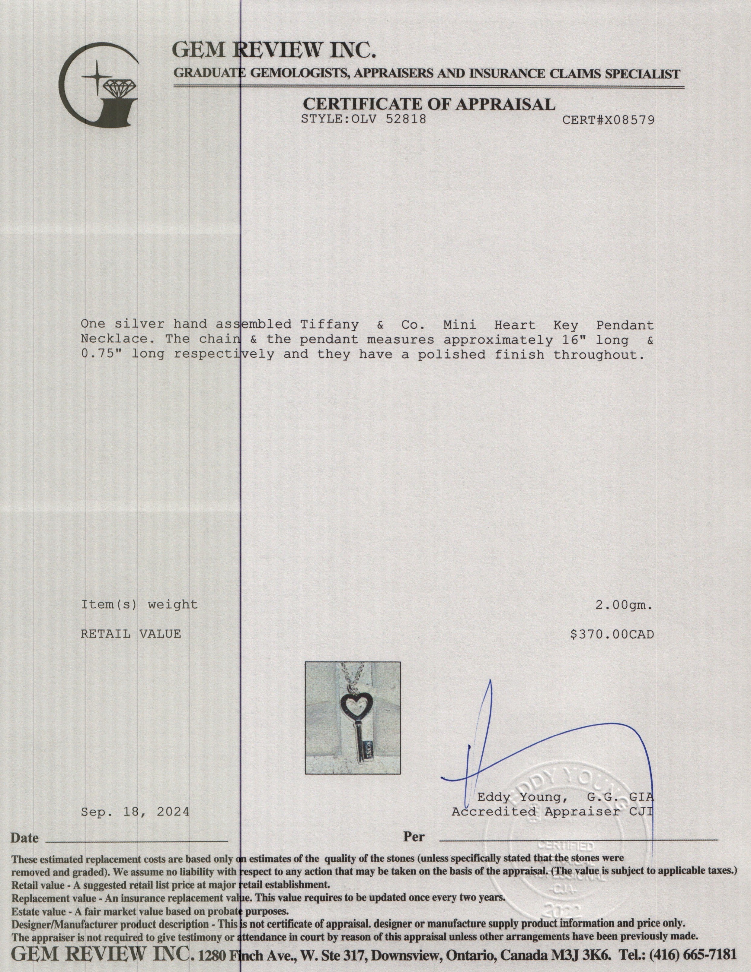 Tiffany & Co. Sterling Silver Mini Heart Key Pendant Necklace w/ Box