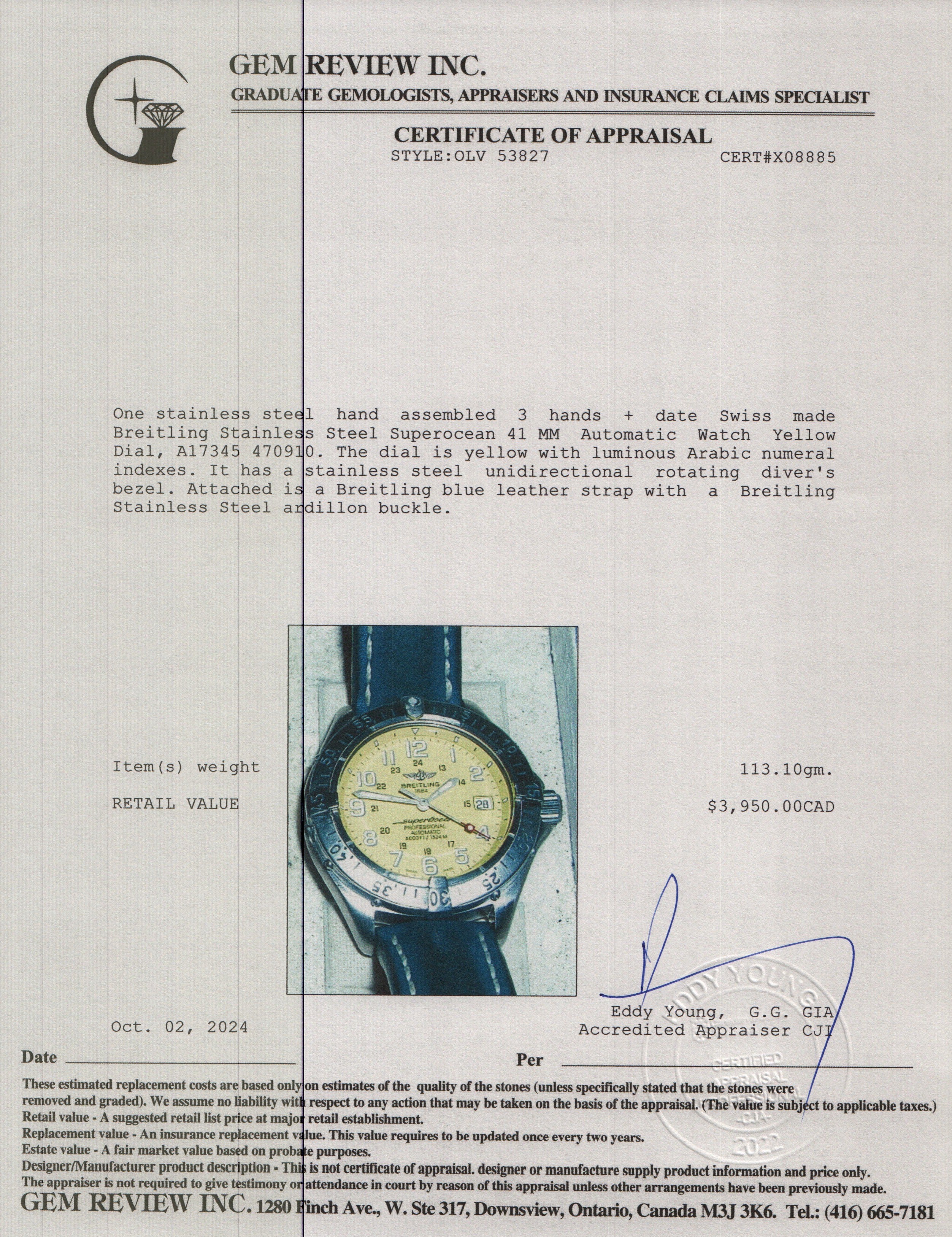 Breitling Stainless Steel Superocean 41 MM Automatic Watch Yellow Dial A17345