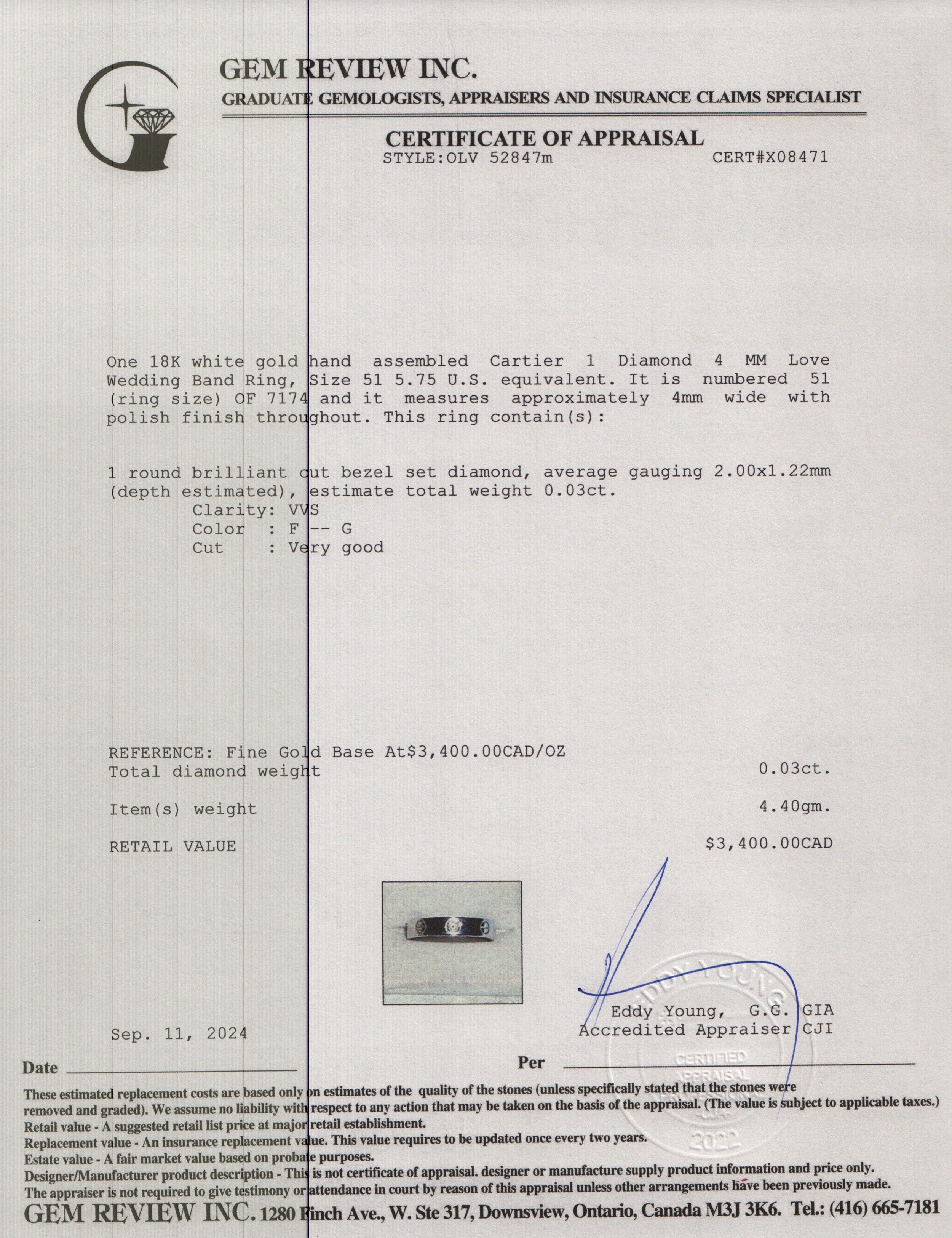 Cartier 18k White Gold 1 Diamond 4 MM Love Wedding Band Ring, Size 51 5.75 w/ Certificate