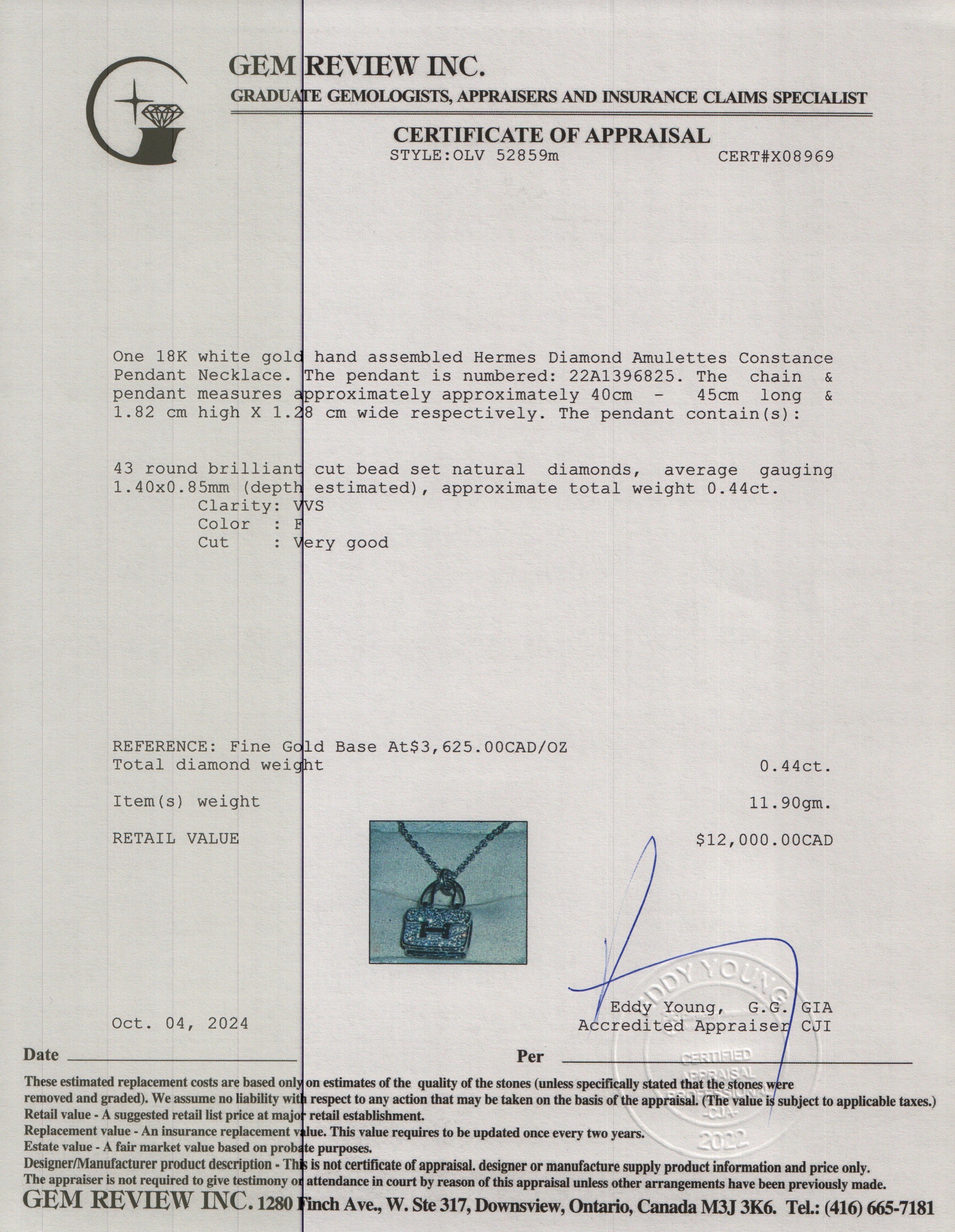 Hermes 18k White Gold Diamond Amulettes Constance Pendant Necklace w/ Box