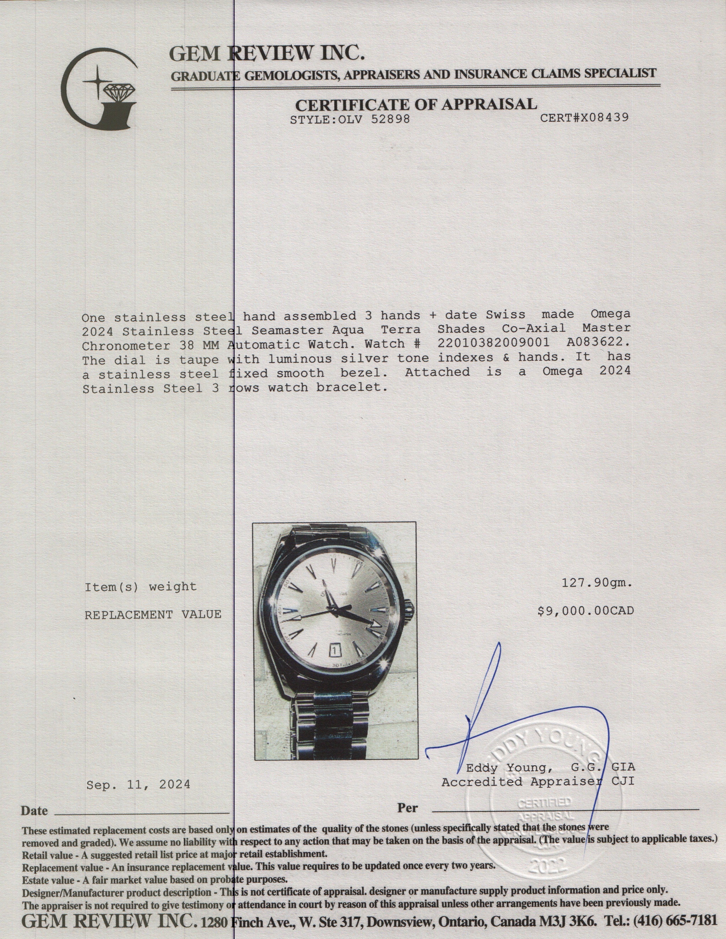 Omega 2024 Stainless Steel Seamaster Aqua Terra Shades Co-Axial Master Chronometer 38 MM Automatic Watch w/ Box & Papers