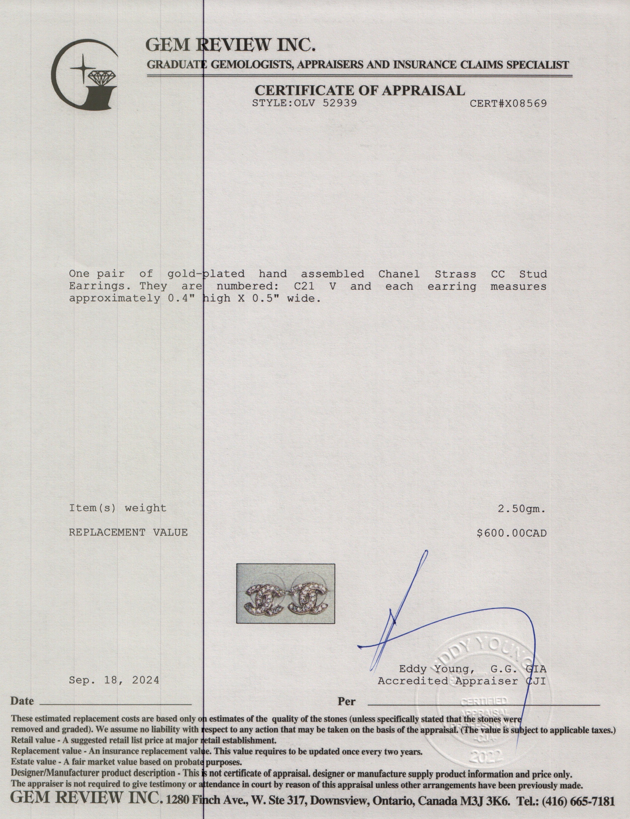 Chanel 2021 Gold Plated Strass CC Stud Earrings w/ Box