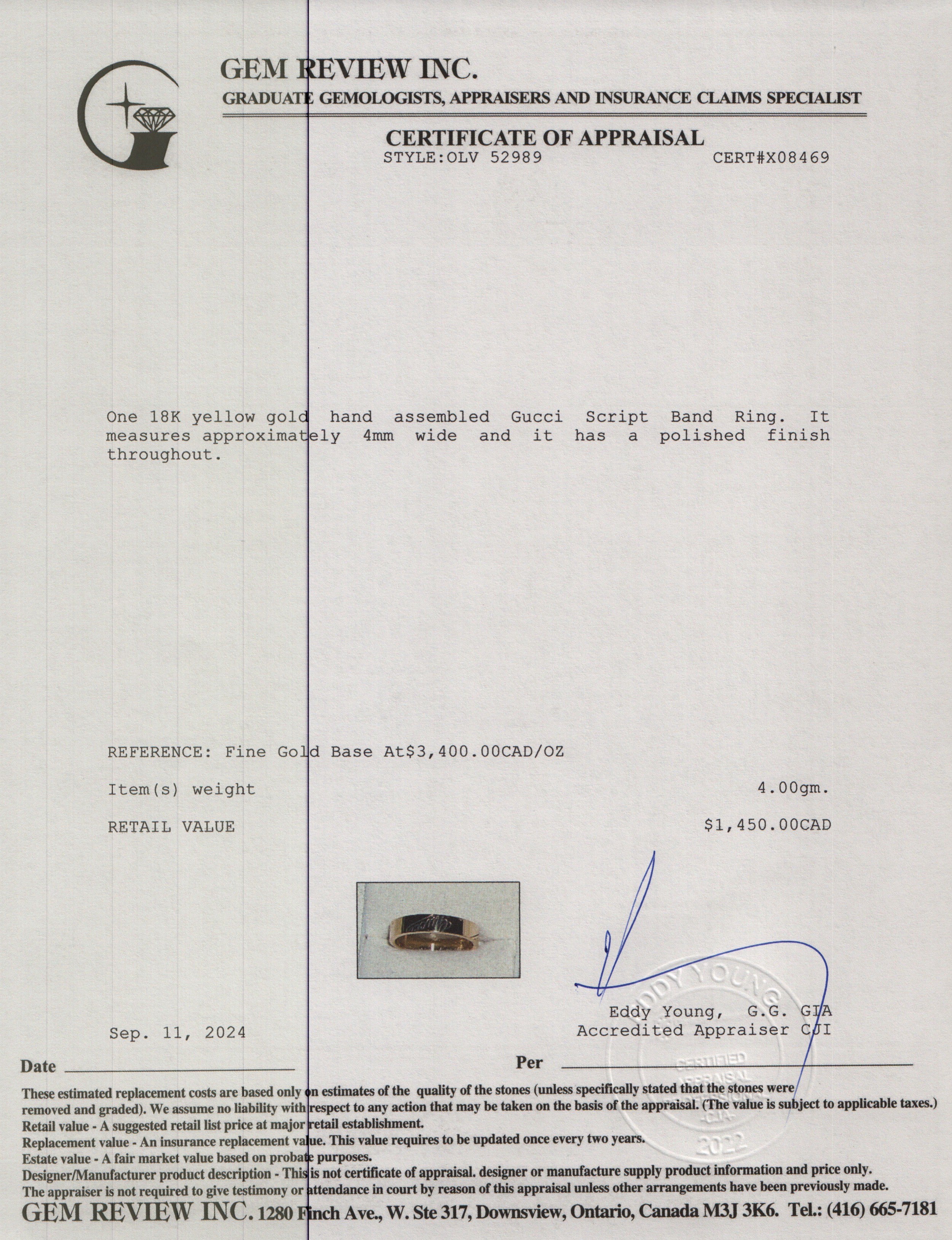 Gucci 18k Yellow Gold Script 4MM Band Ring, Size 12 6