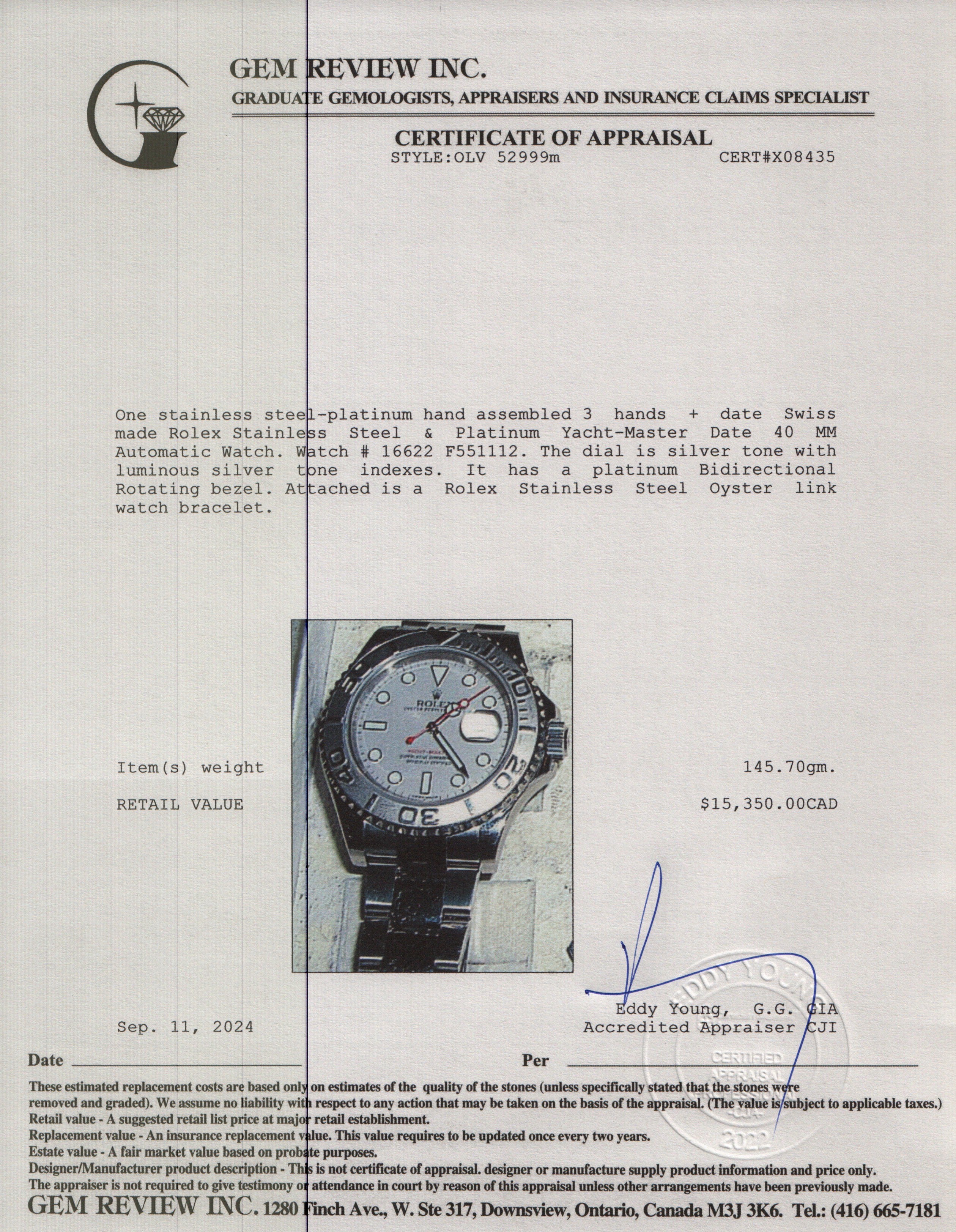 Rolex Stainless Steel & Platinum Yacht-Master Date 40 MM Automatic Watch 16622 w/ Box