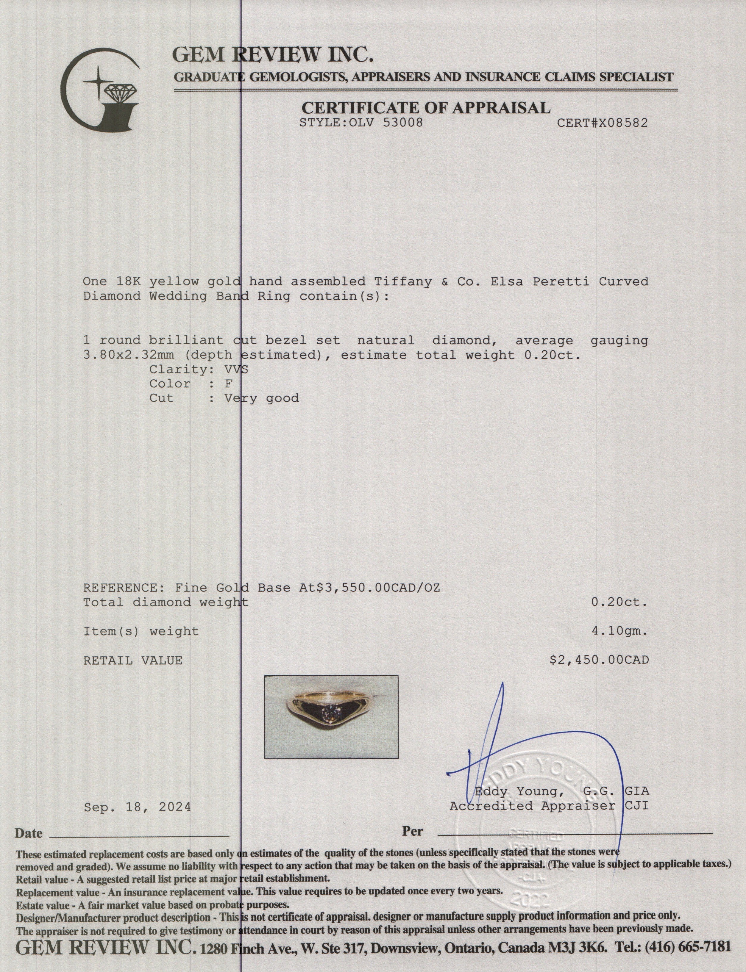 Tiffany & Co. Elsa Peretti 18k Yellow Gold Curved Diamond Wedding Band Ring, Size 5.25 w/ Box
