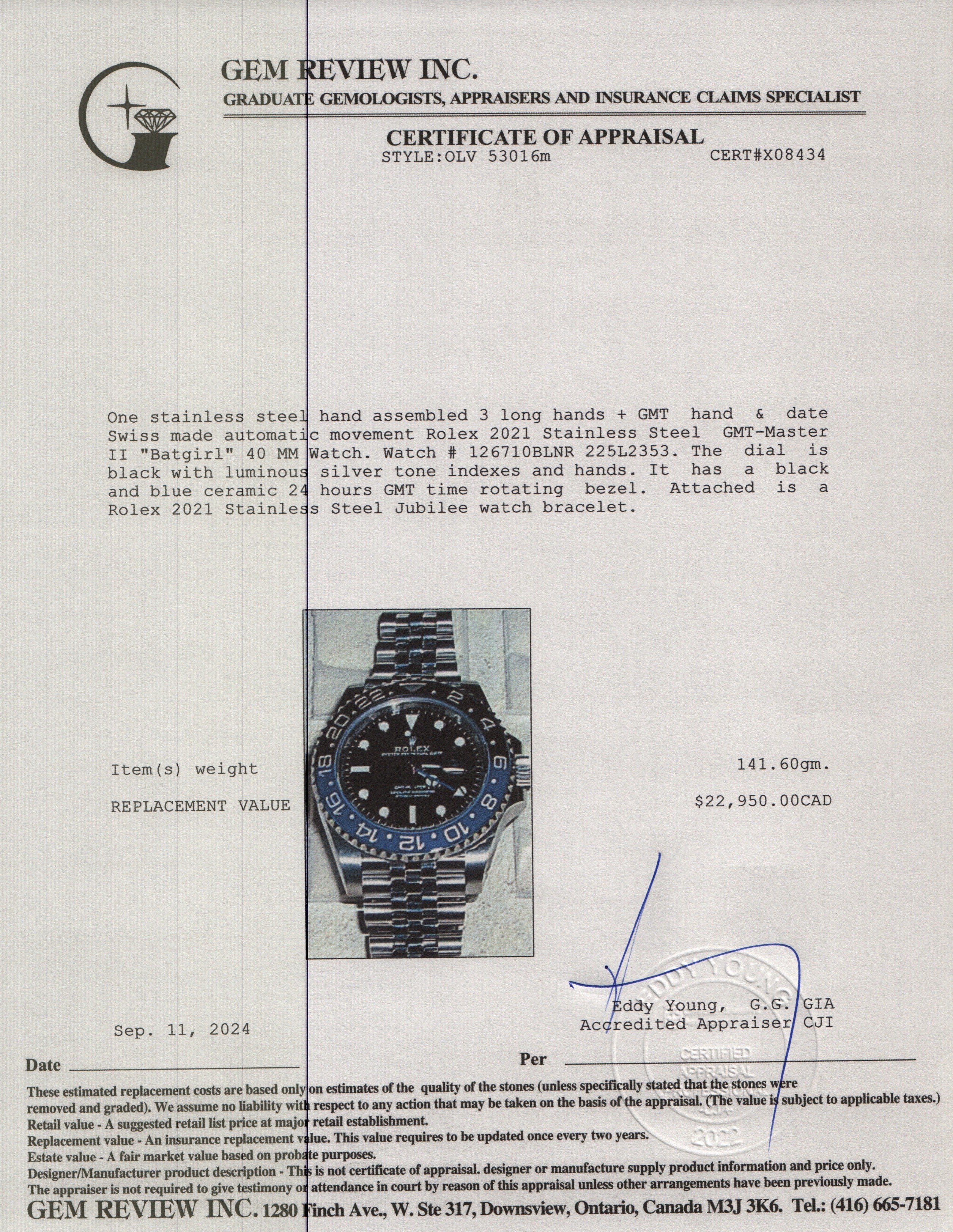 Rolex 2021 Stainless Steel GMT-Master II "Batgirl" 40 MM Watch 126710BLNR w/ Box & Papers