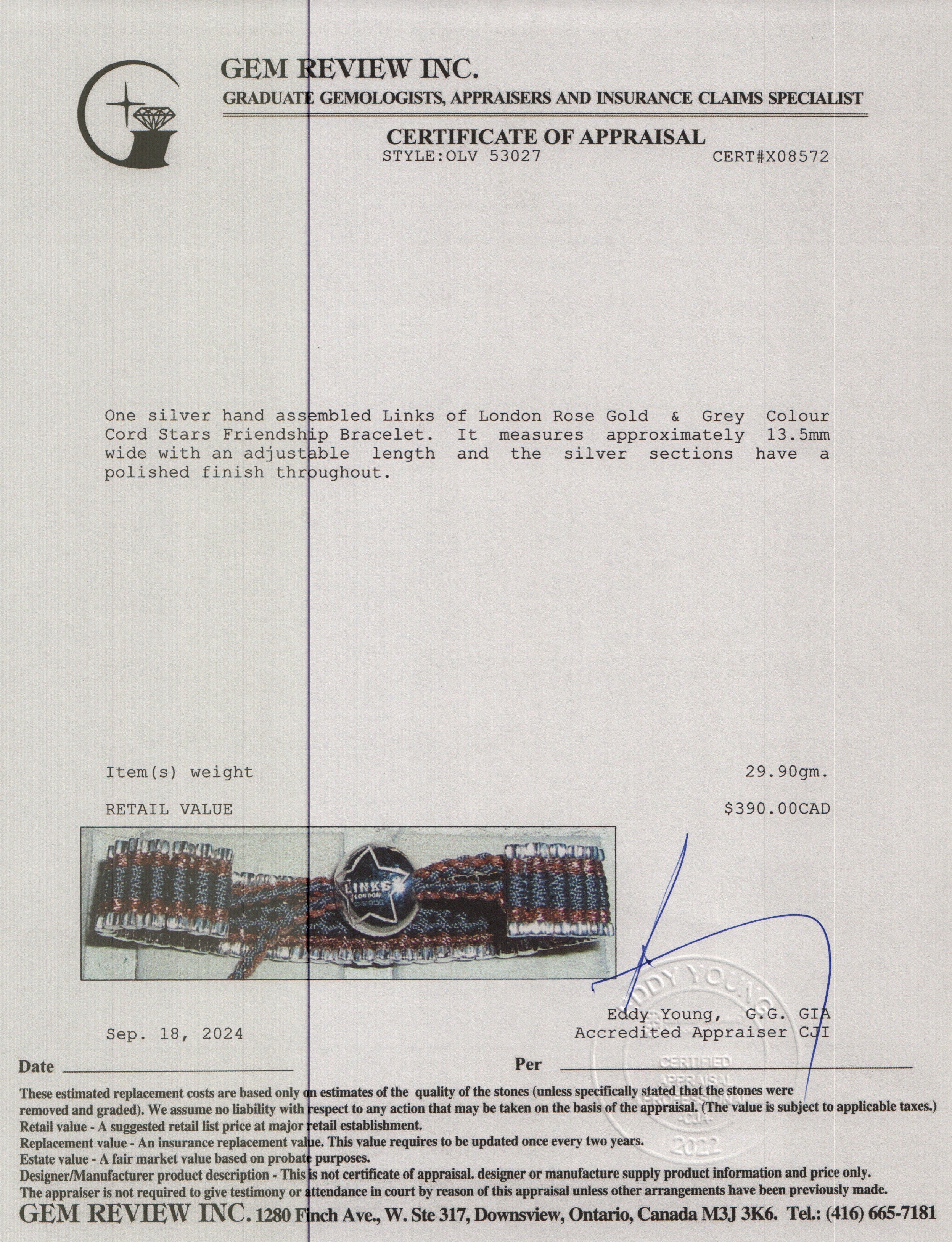 Links of London Sterling Rose Gold & Grey Cord Stars Friendship Bracelet