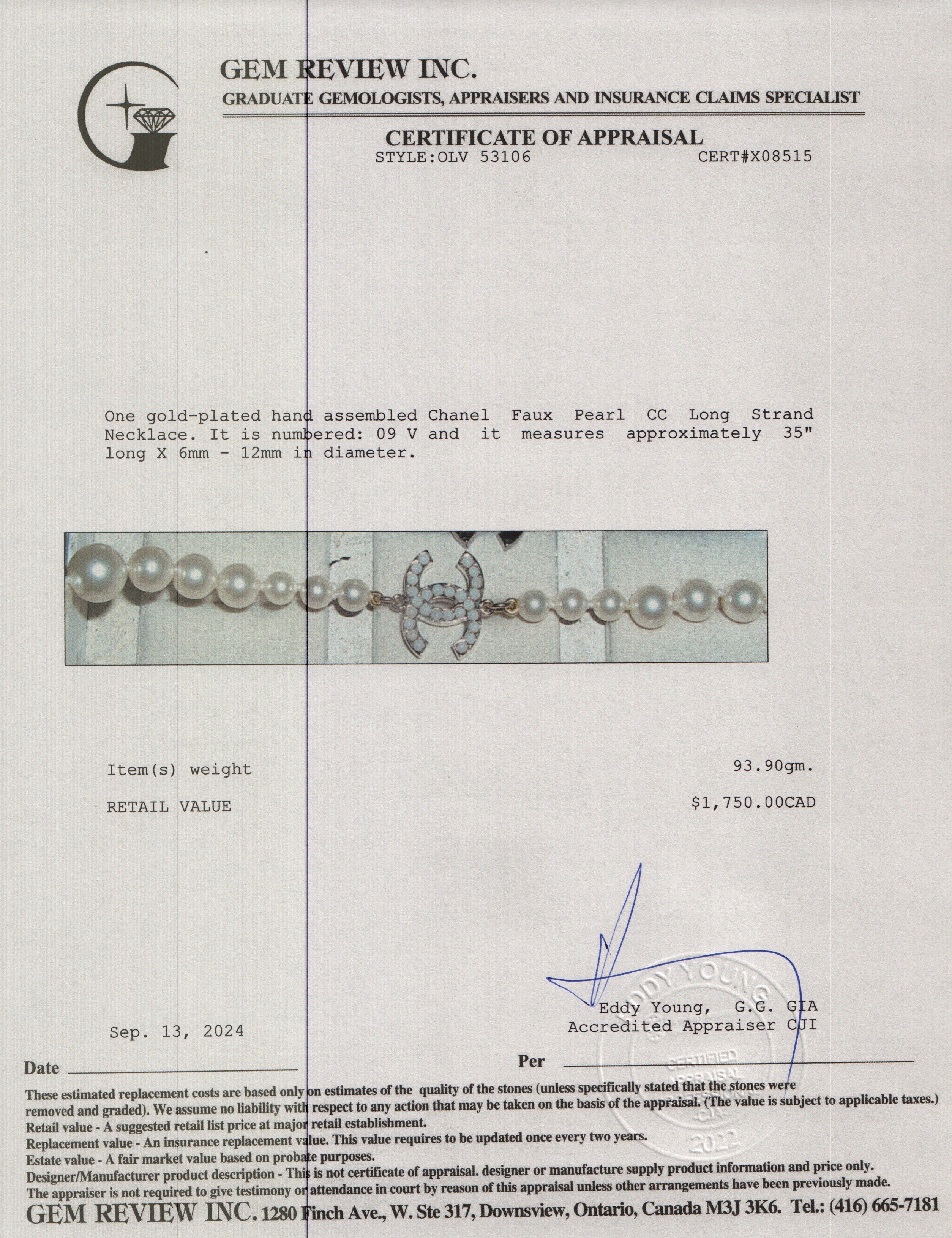 Chanel Gold-Plated Faux Pearl CC Long Strand Necklace w/ Box