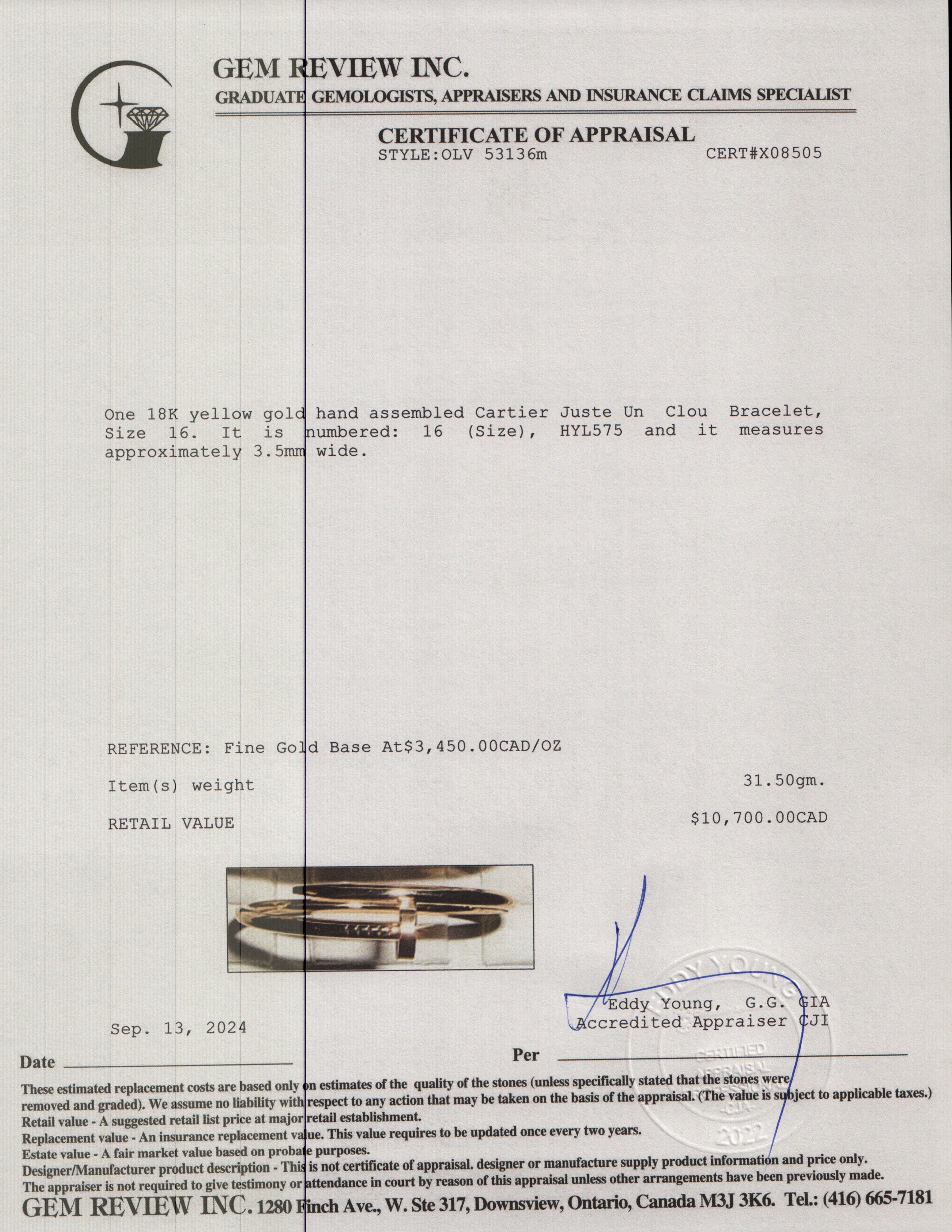 Cartier 18k Yellow Gold Juste Un Clou Bracelet, Size 16 w/ Box