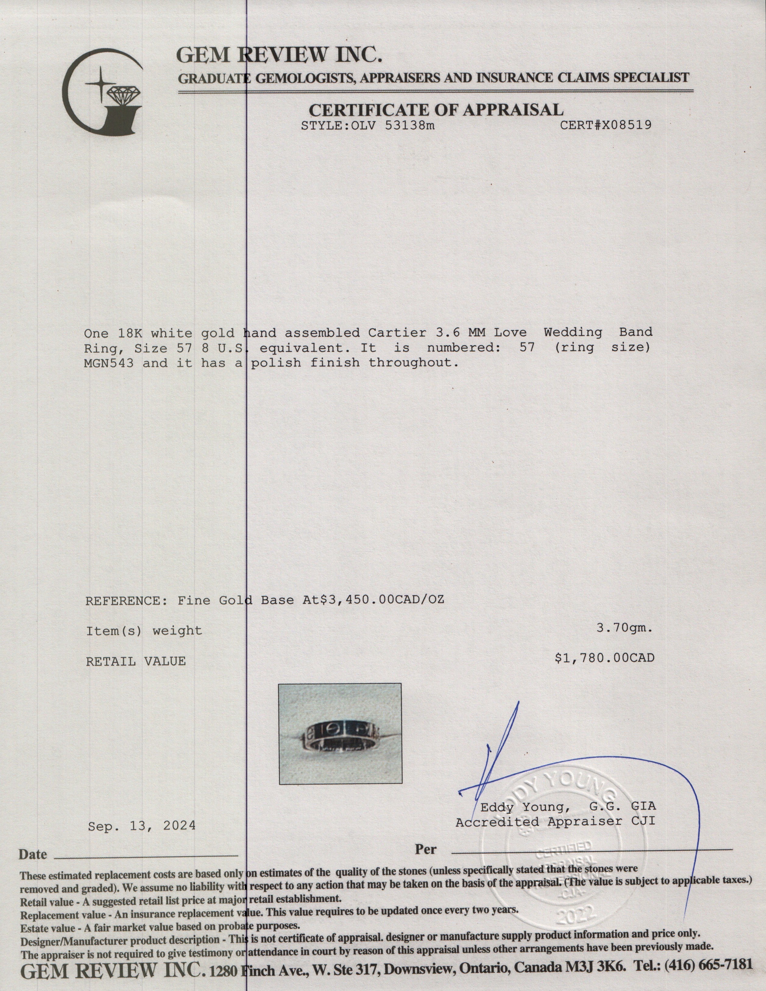 Cartier 18k White Gold 3.6 MM Love Wedding Band Ring, Size 57 8 w/ Box