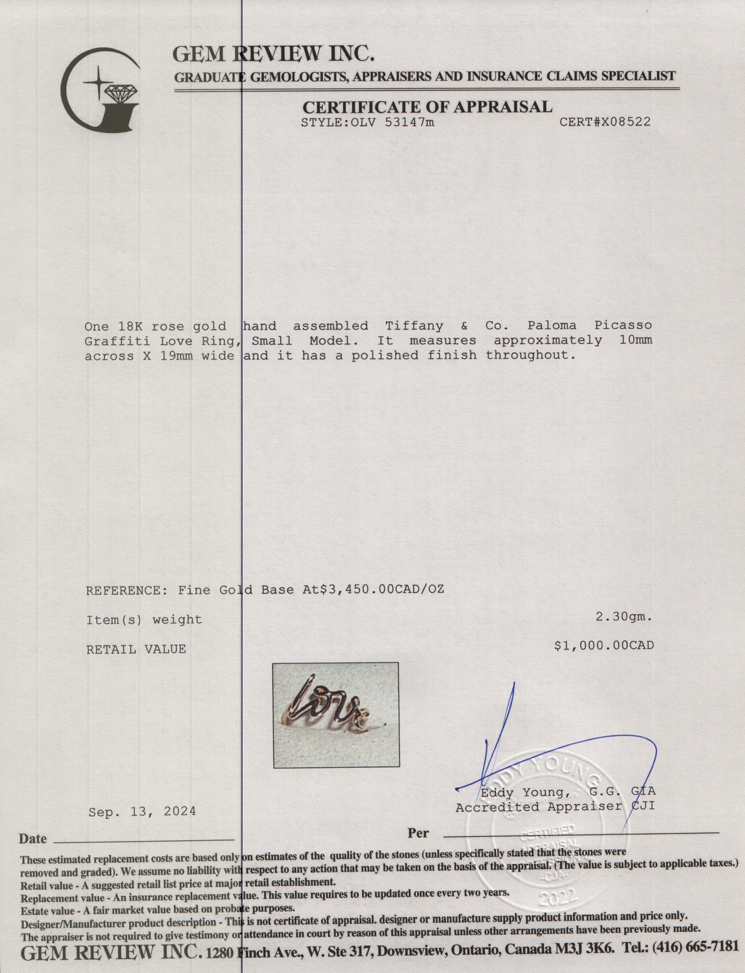 Tiffany & Co. 18K Rose Gold Paloma Picasso Graffiti Love Ring, Small Model, Size 6.25