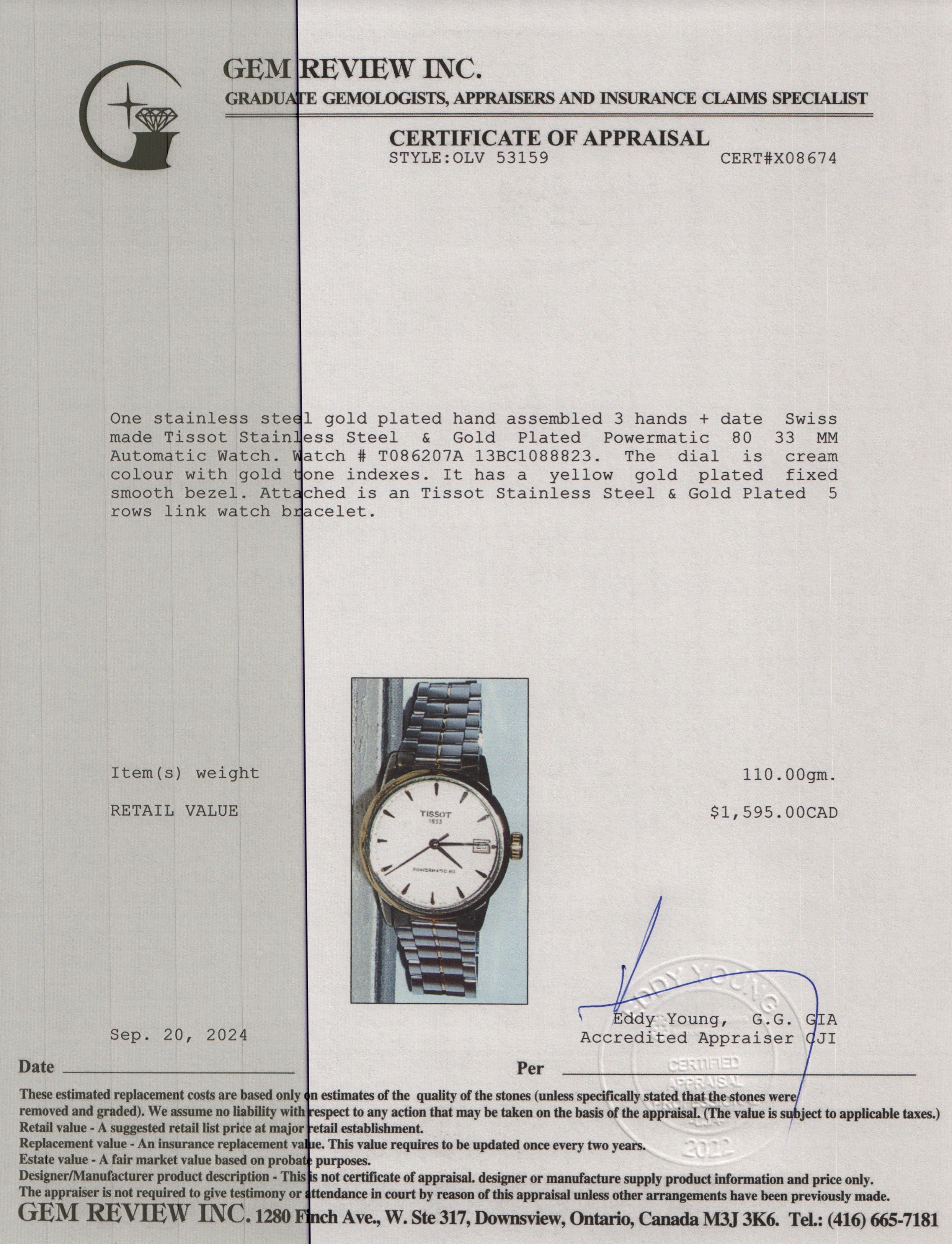 Tissot Stainless Steel & Gold Plated Powermatic 80 33 MM Automatic Watch w/ Box & Papers