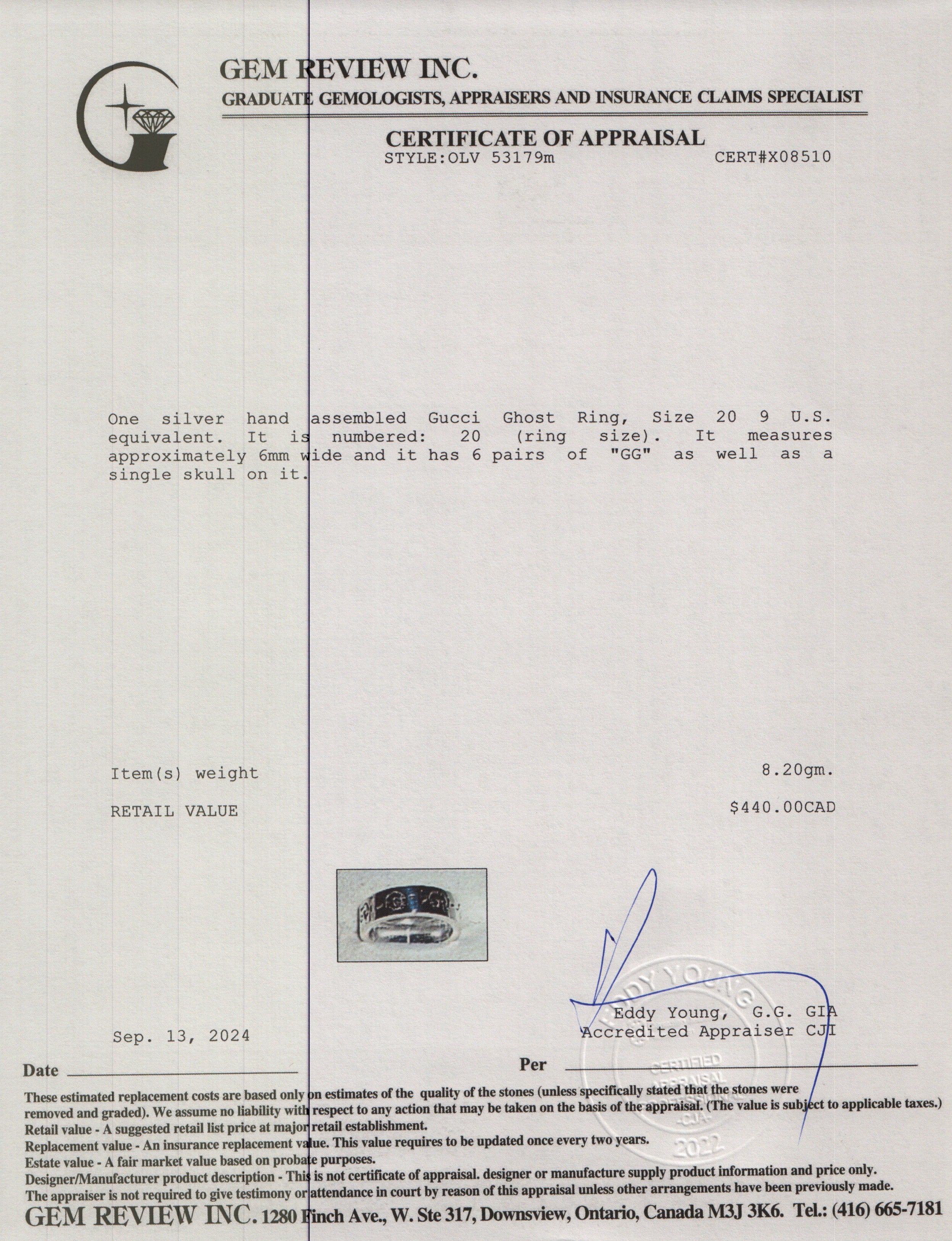 Gucci Sterling Silver Ghost Ring, Size 20 9