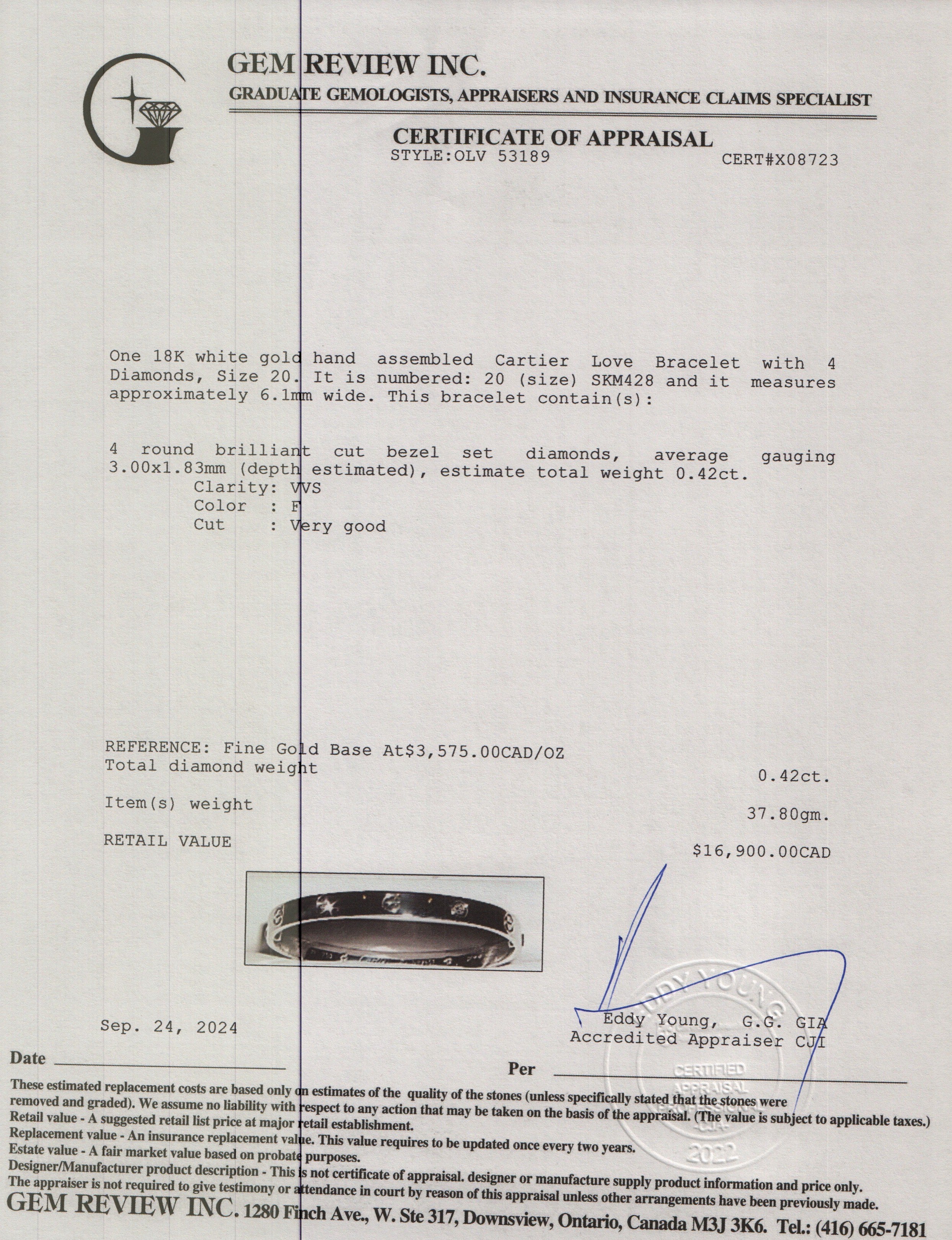 Cartier 2023 18k White Gold Love Bracelet with 4 Diamonds, Size 20 w/ Box & Certificate