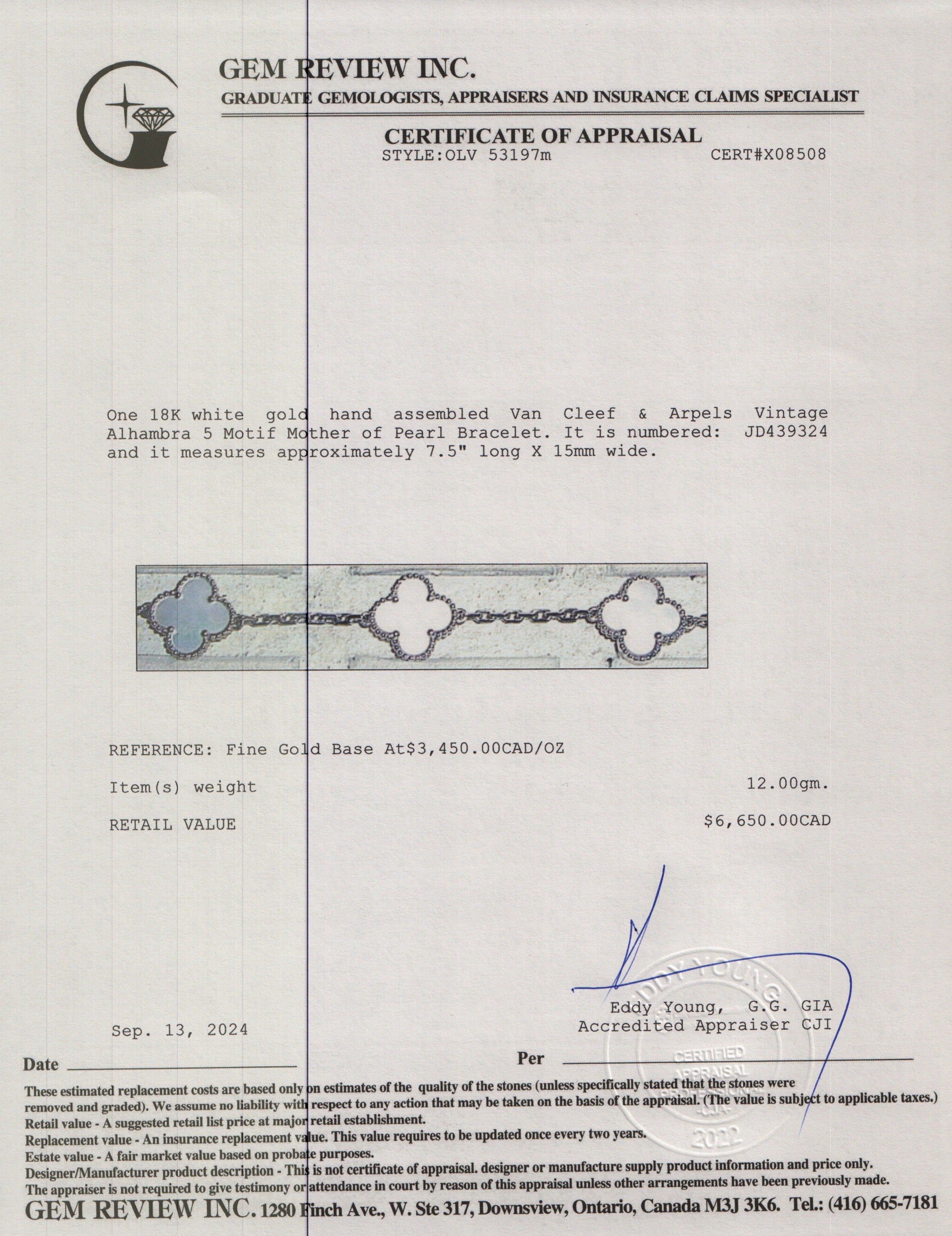 Van Cleef & Arpels 18k White Gold Vintage Alhambra 5 Motif Mother of Pearl Bracelet