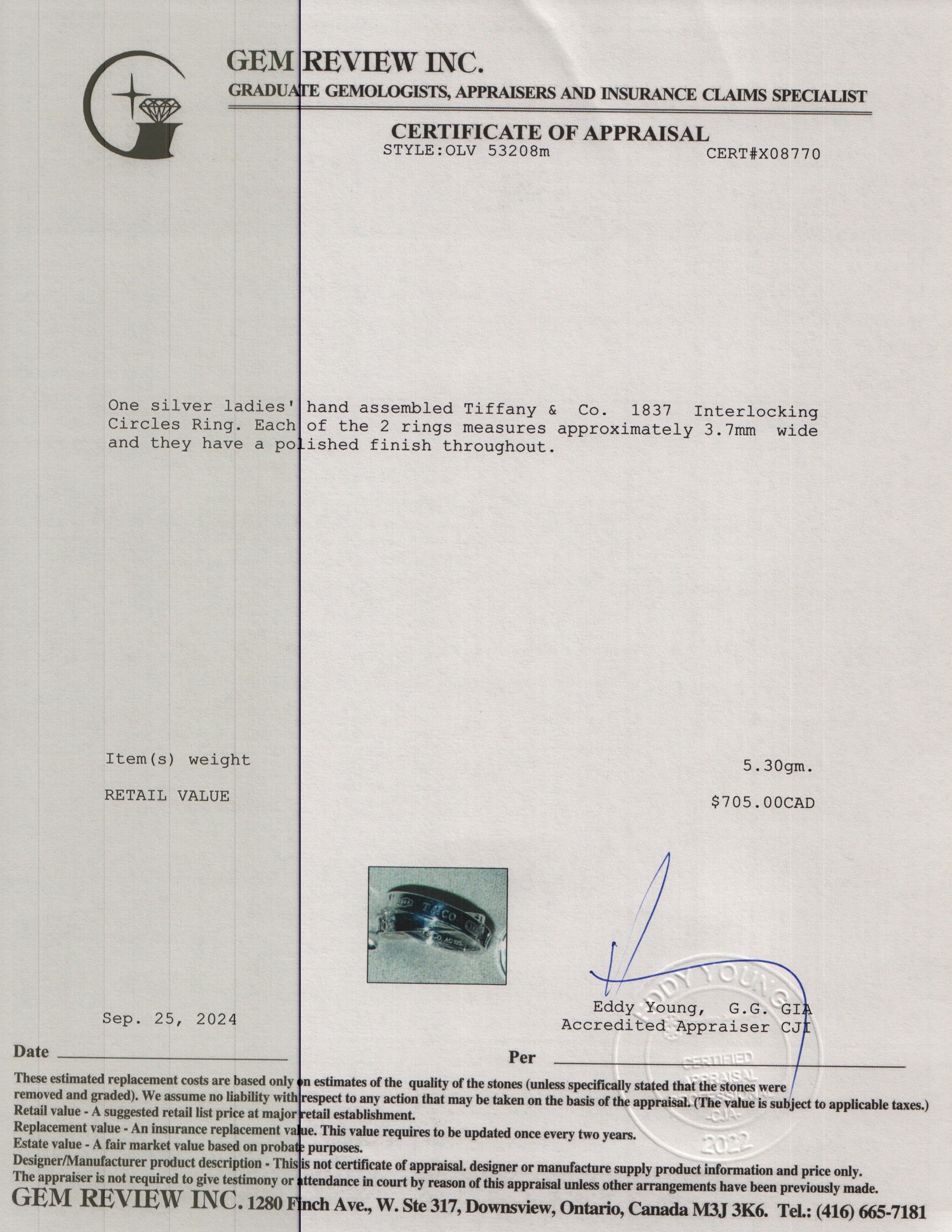 Tiffany & Co. Sterling Silver 1837 Interlocking Circles Ring, Size 6.5