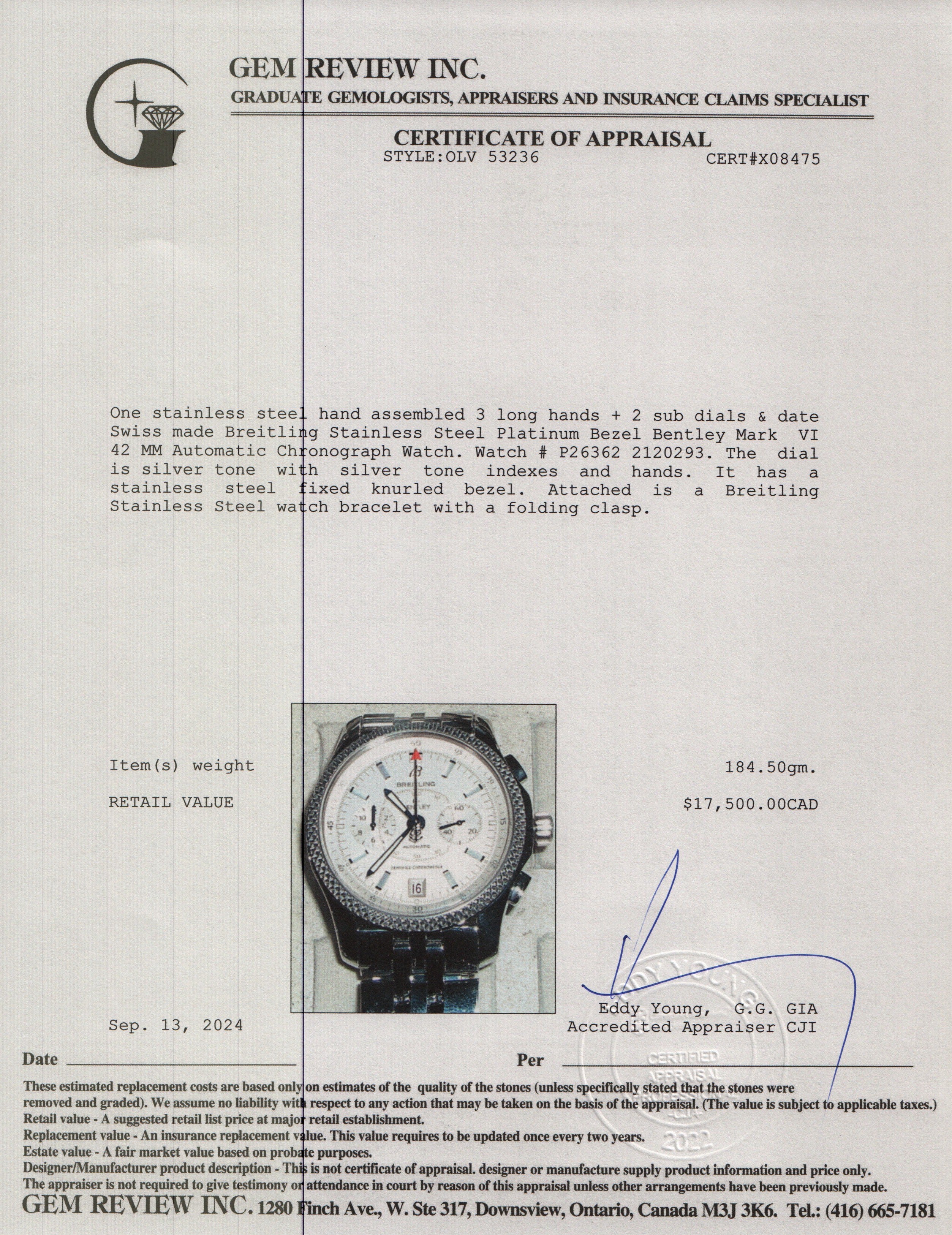 Breitling Stainless Steel Platinum Bezel Bentley Mark VI 42 MM Automatic Chronograph Watch P26362 w/ Box & Papers