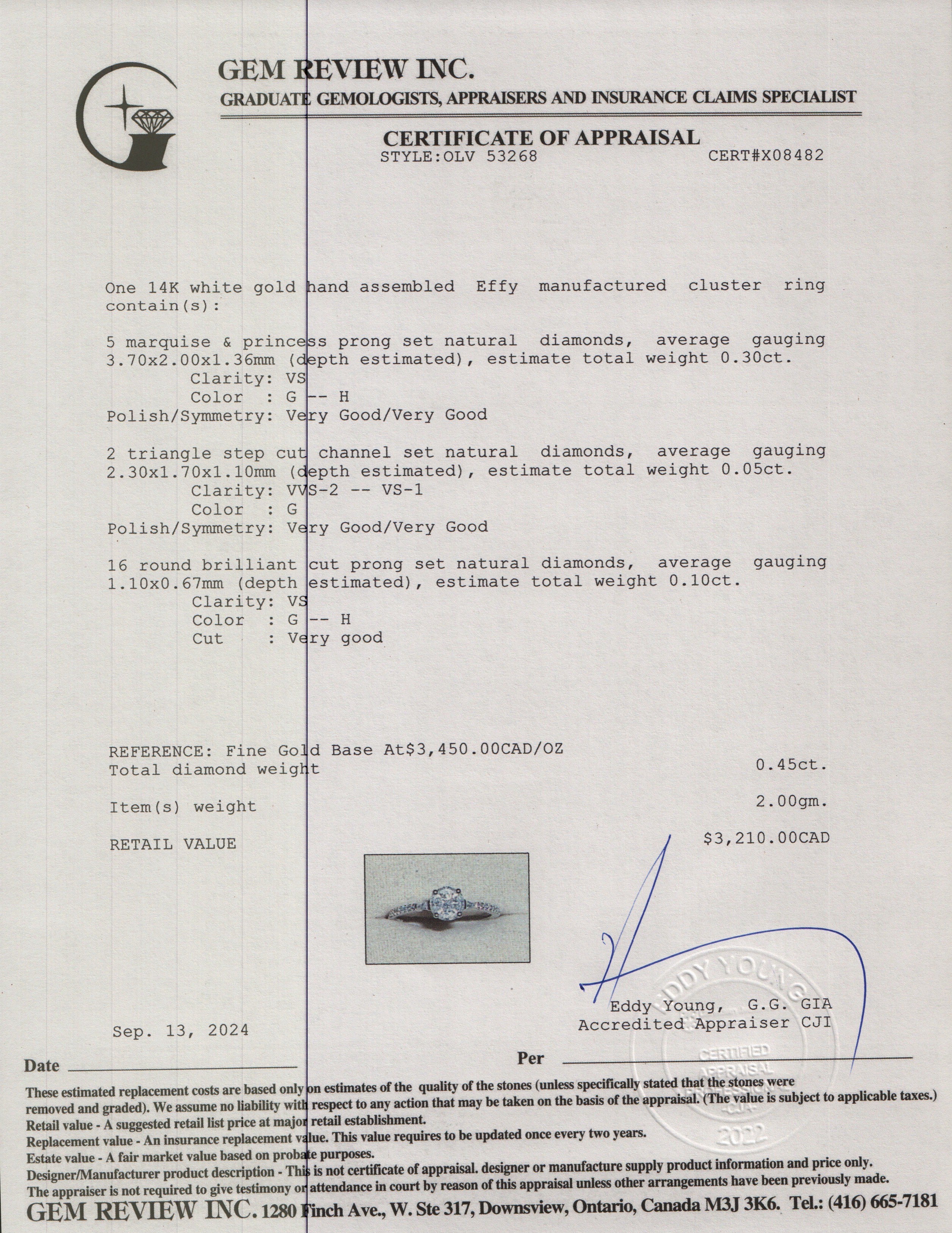 Effy 14k White Gold Cluster Diamond Ring, Size 7.25