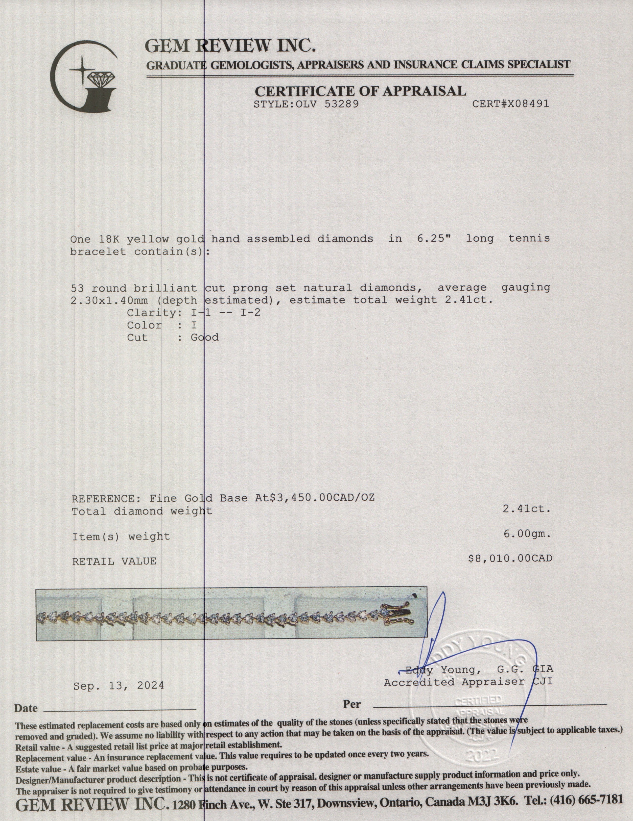 18k Yellow Gold 2.41 tcw. Diamond Tennis Bracelet