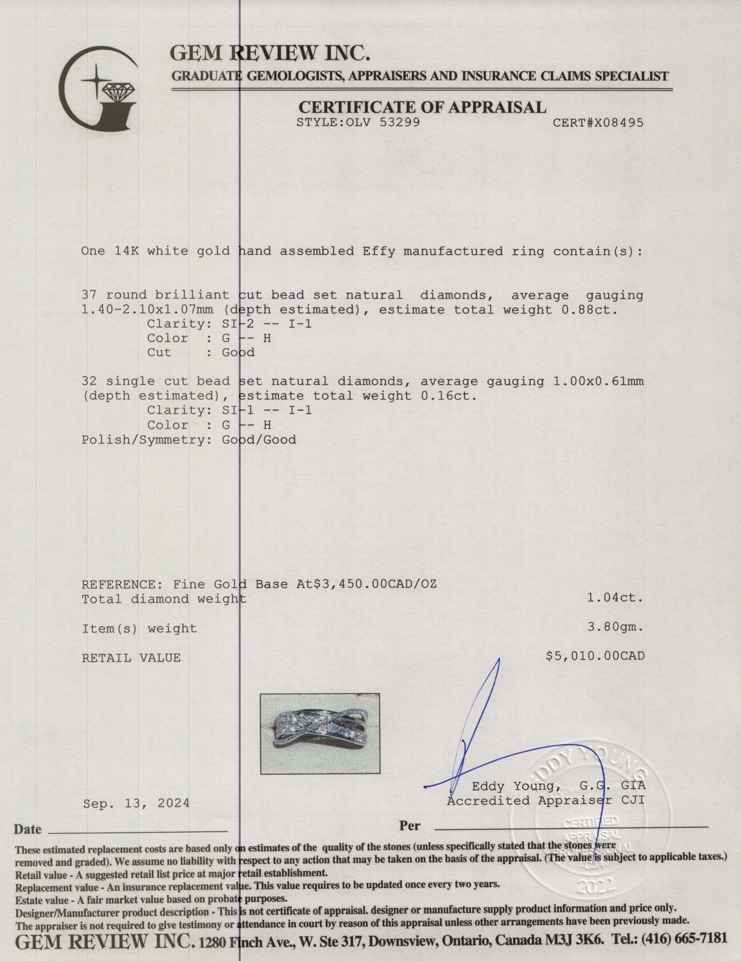 Effy 14k White Gold Diamond Crossover Ring, Size 7