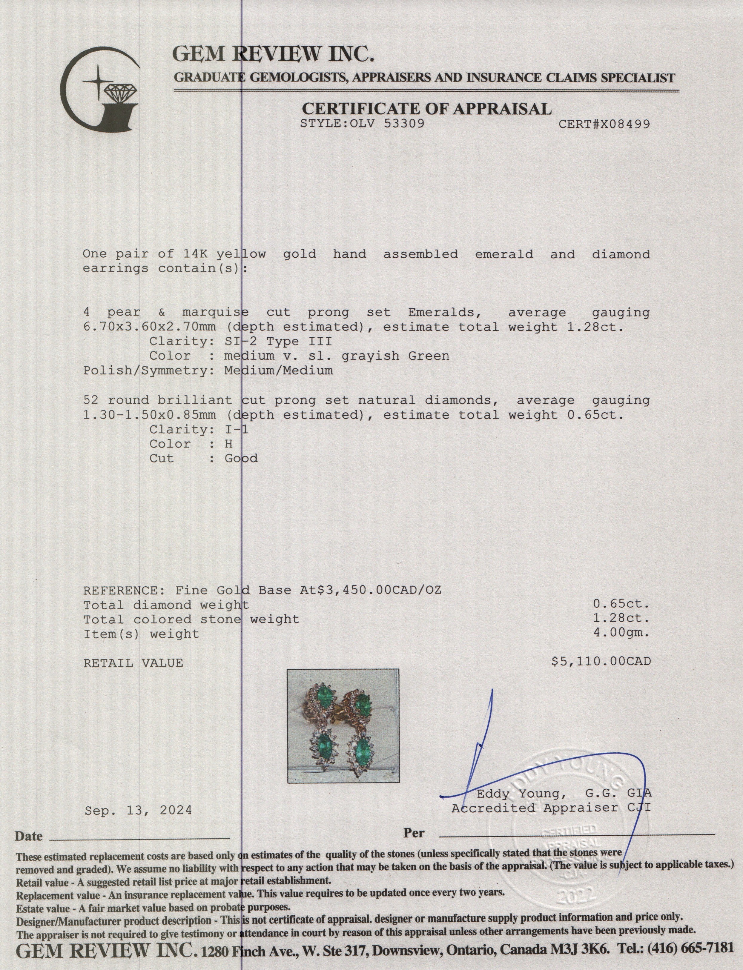 14k Yellow Gold Emerald and Diamond Drop Earrings