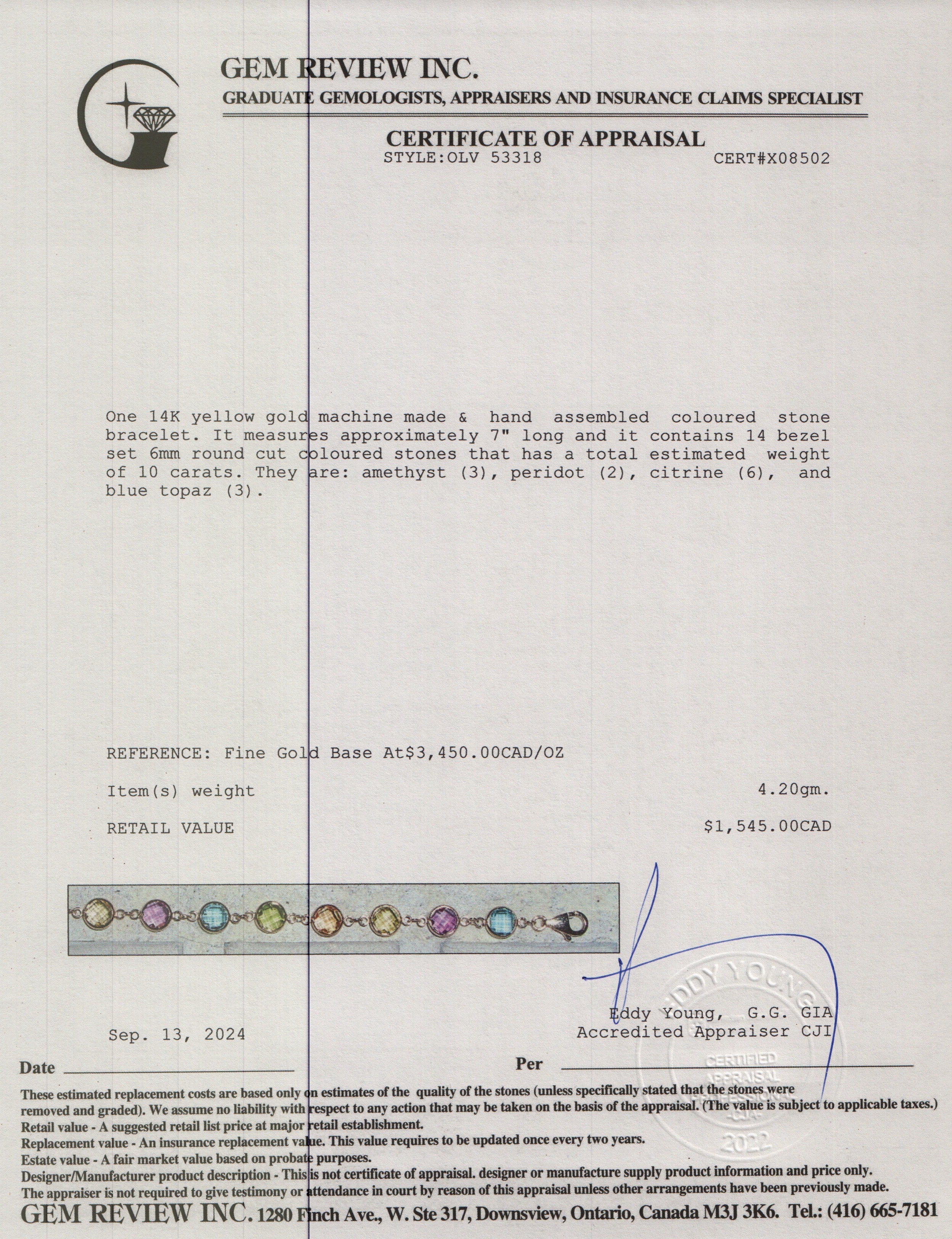 14k Yellow Gold Multicolored Stone Bracelet