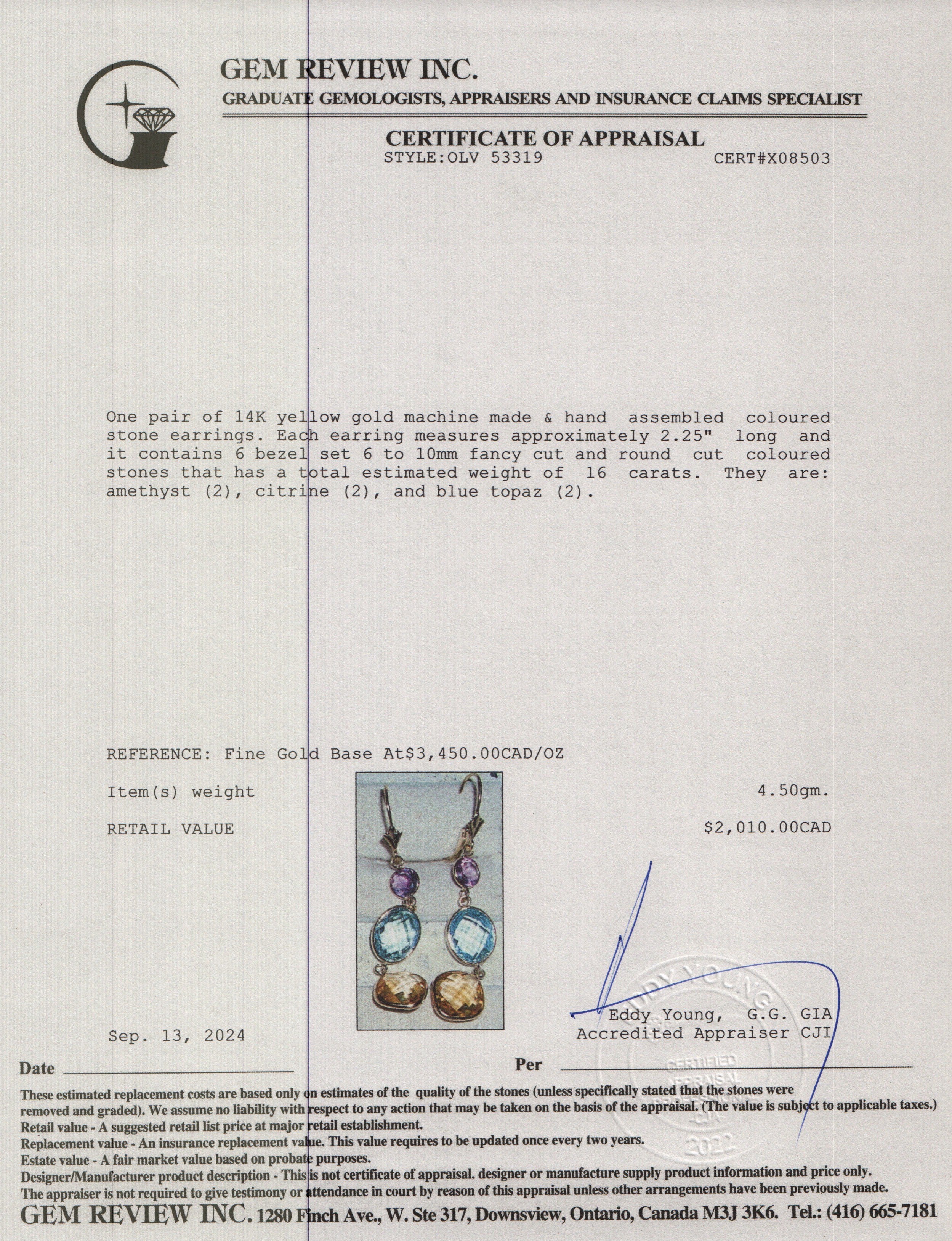 14k Yellow Gold Multicolored Stone Drop Earrings
