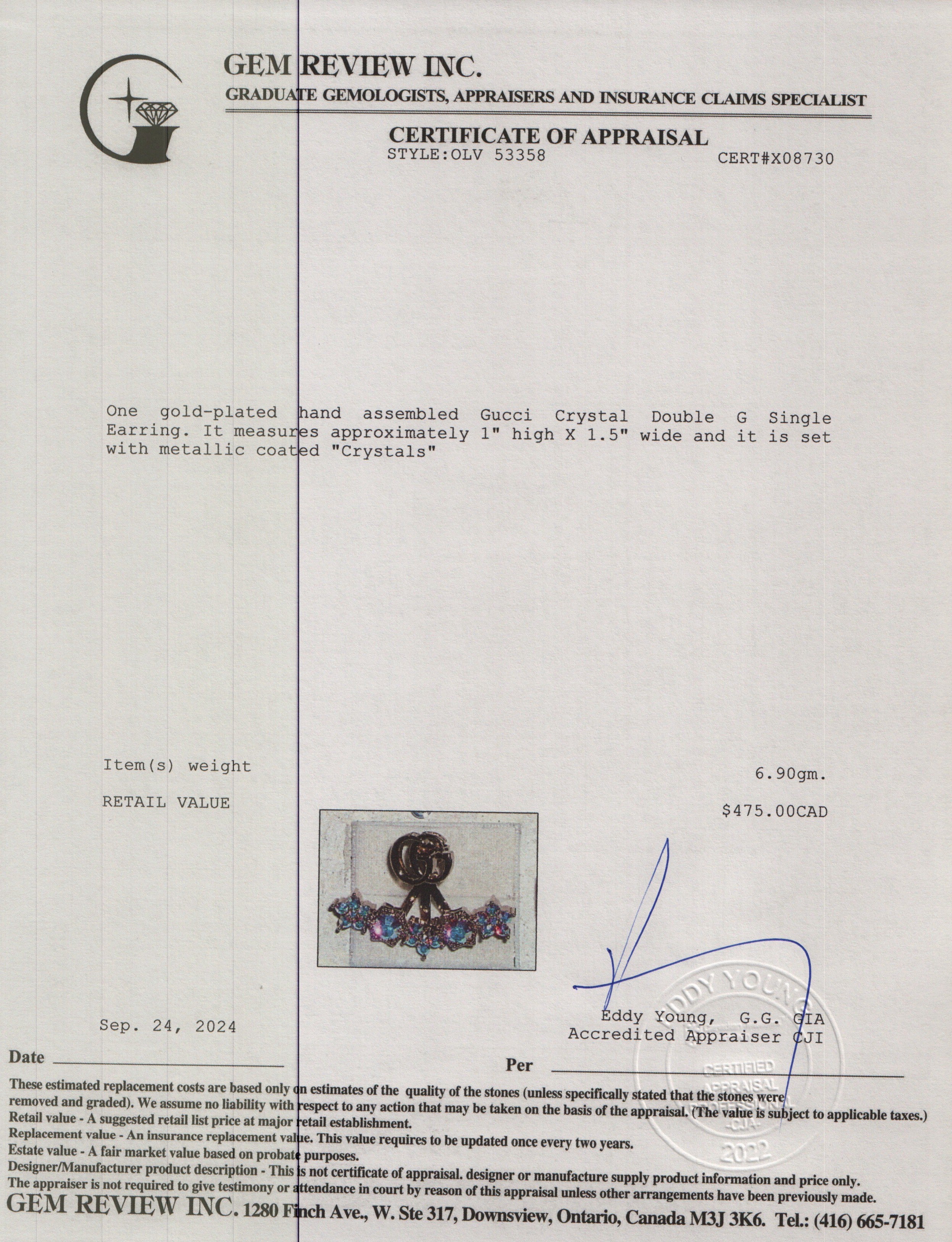 Gucci Gold Plated Crystal Double G Single Earring