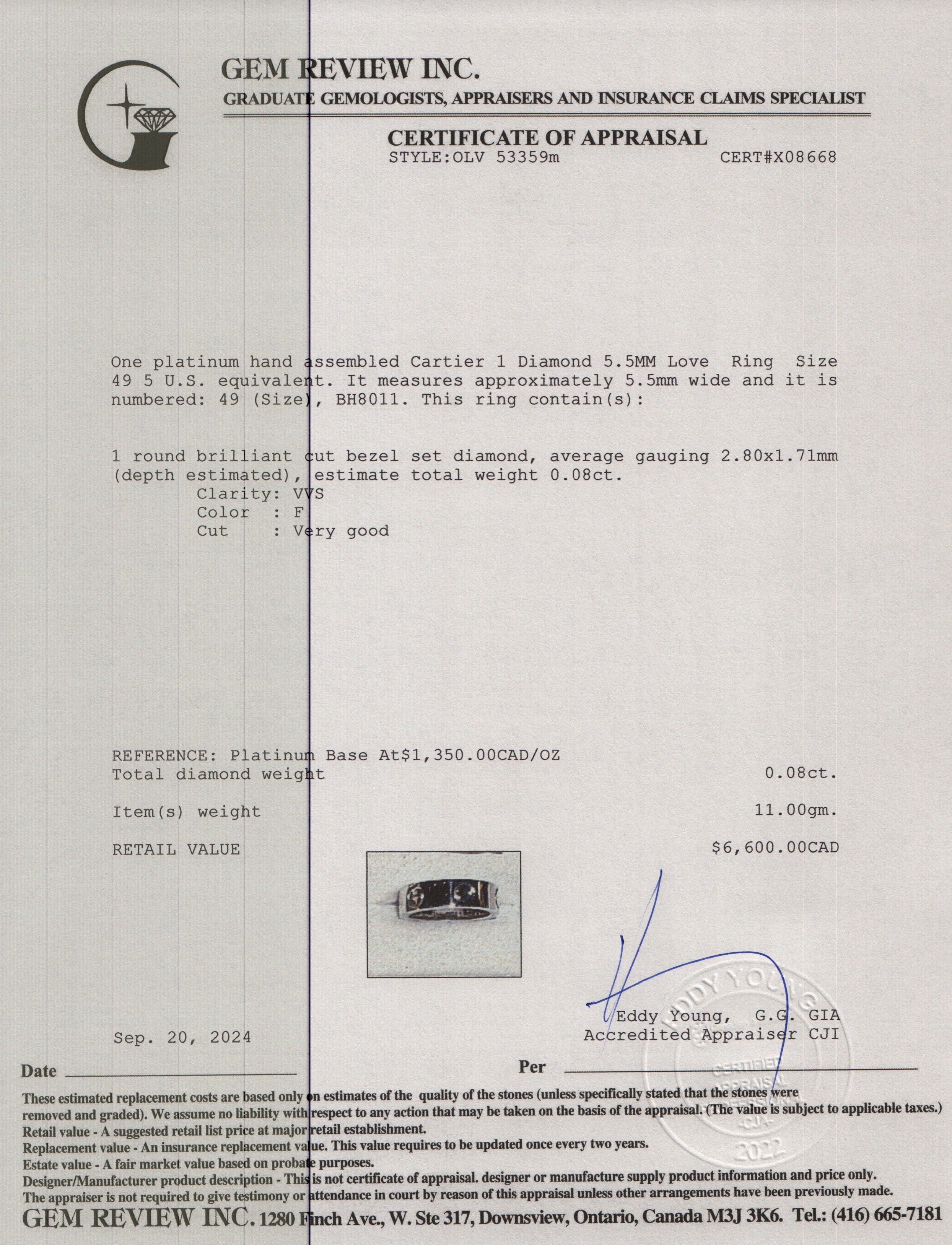 Cartier Platinum 1 Diamond 5.5MM Love Ring Size 49 5