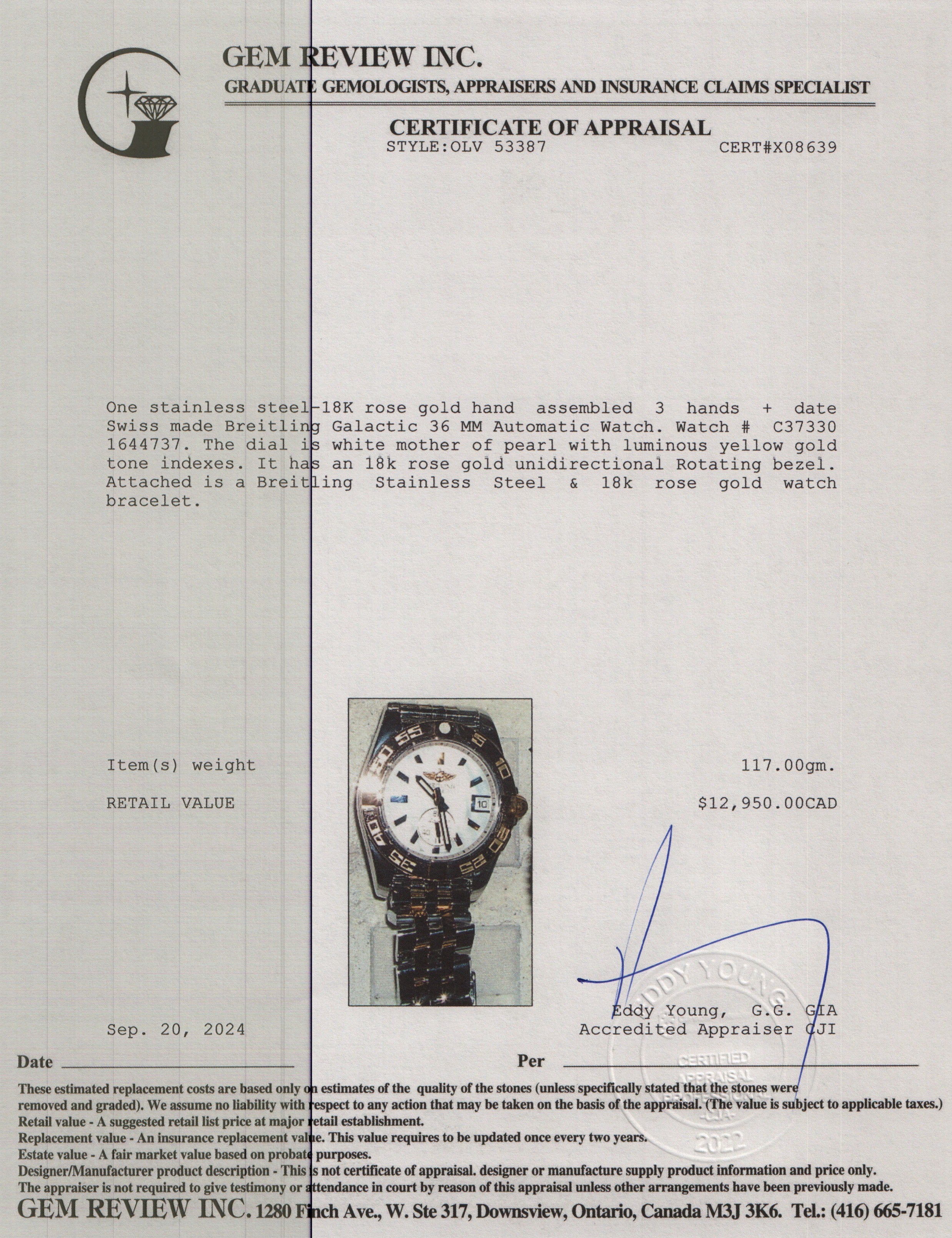 Breitling Stainless Steel & 18k Rose Gold Galactic 36 MM Automatic Watch C37330 w/ Box & Papers