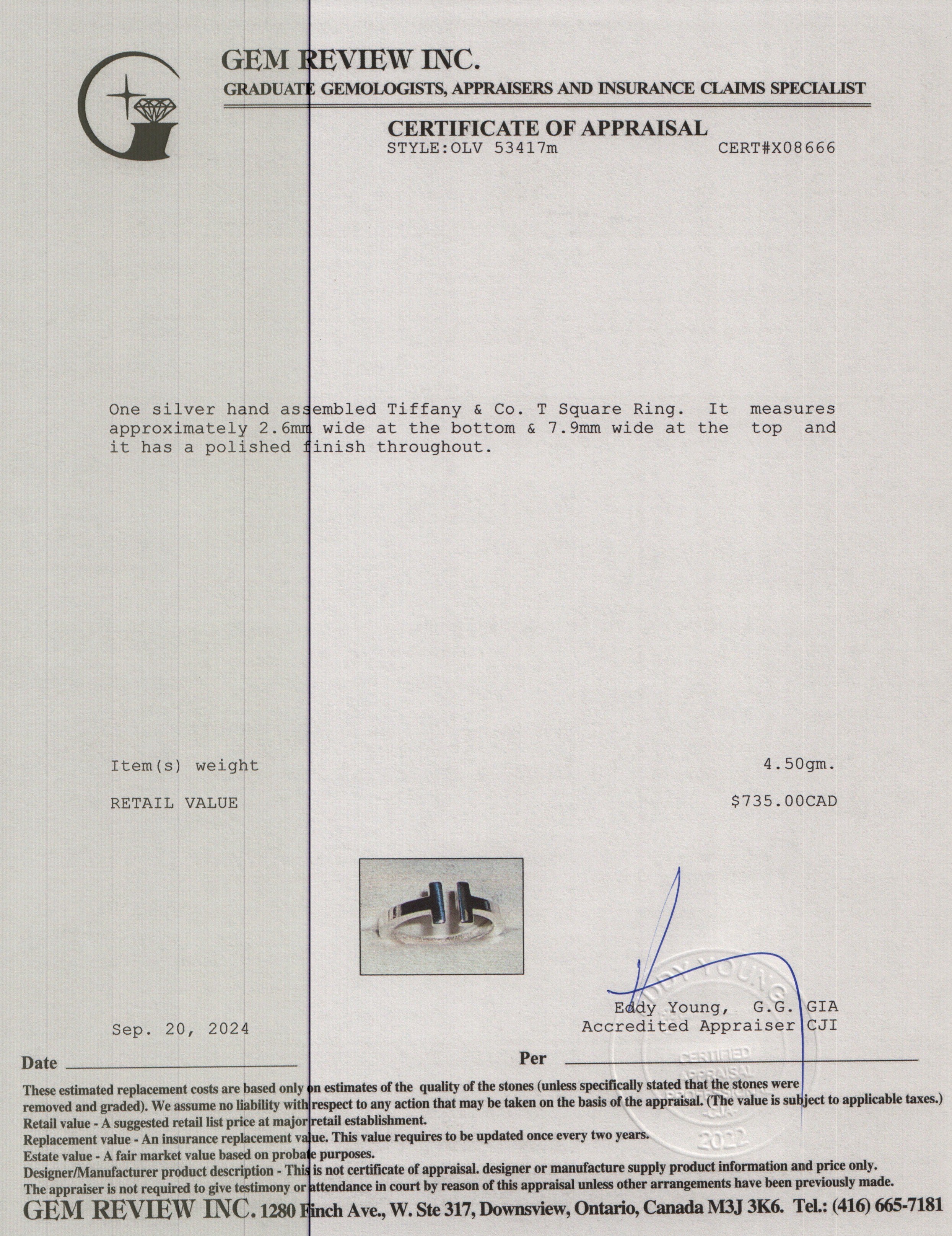 Tiffany & Co. Sterling Silver T Square Ring, Size 7.5