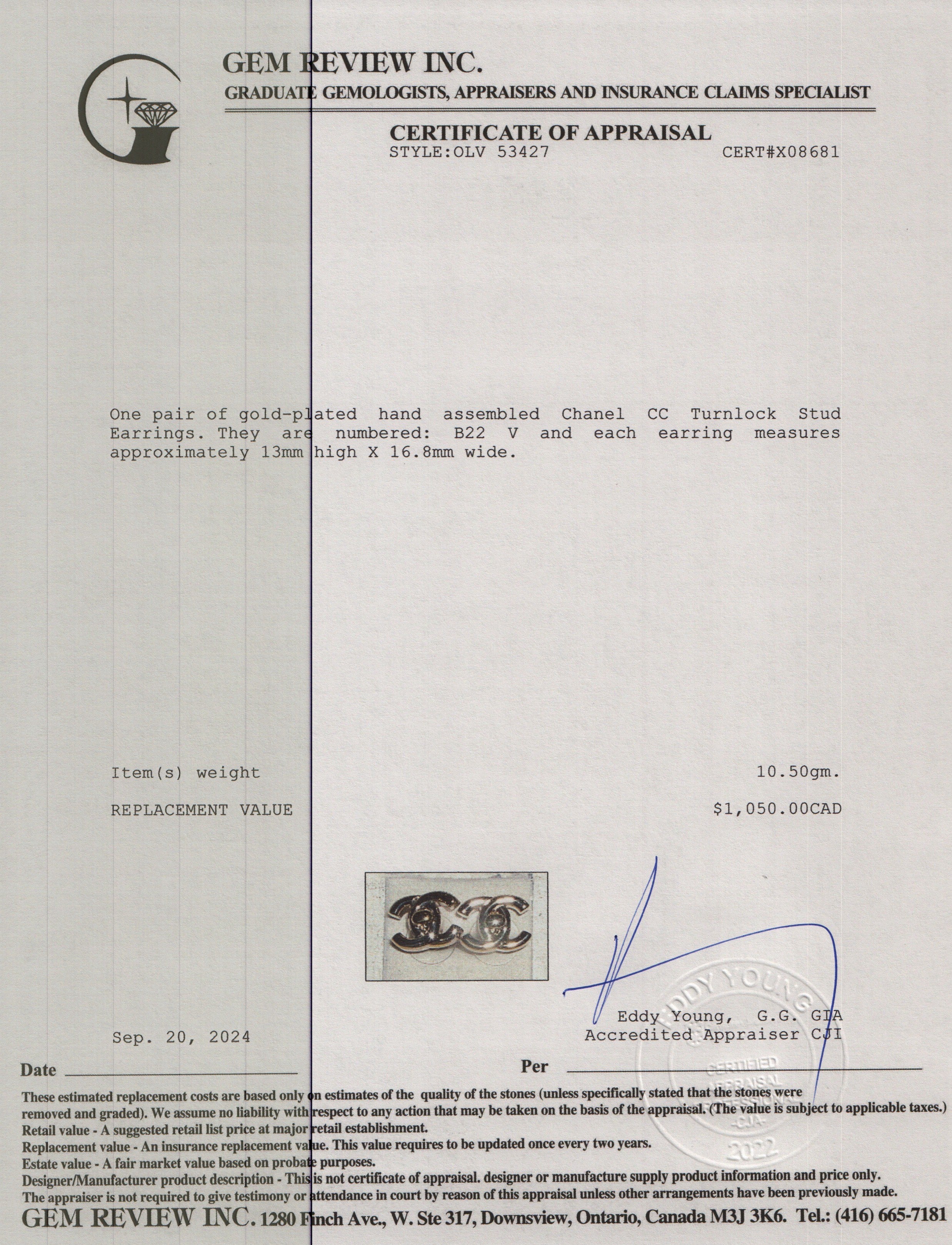 Chanel 2022 Gold Plated CC Turnlock Stud Earrings w/ Box