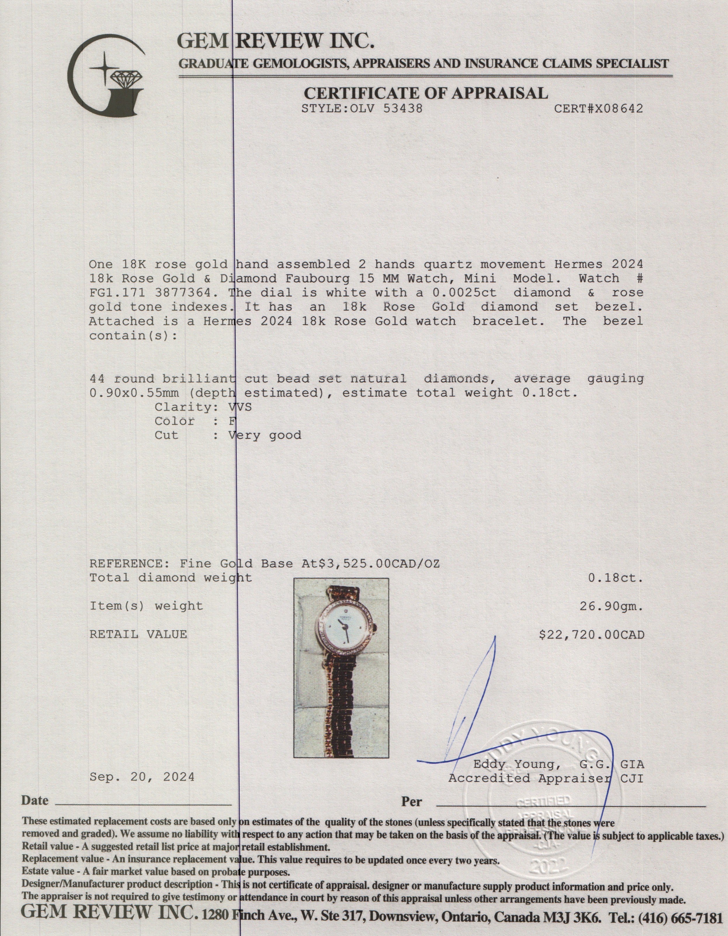 Hermes 2024 18k Rose Gold & Diamond Faubourg 15 MM Watch, Mini Model w/ Box & Receipt