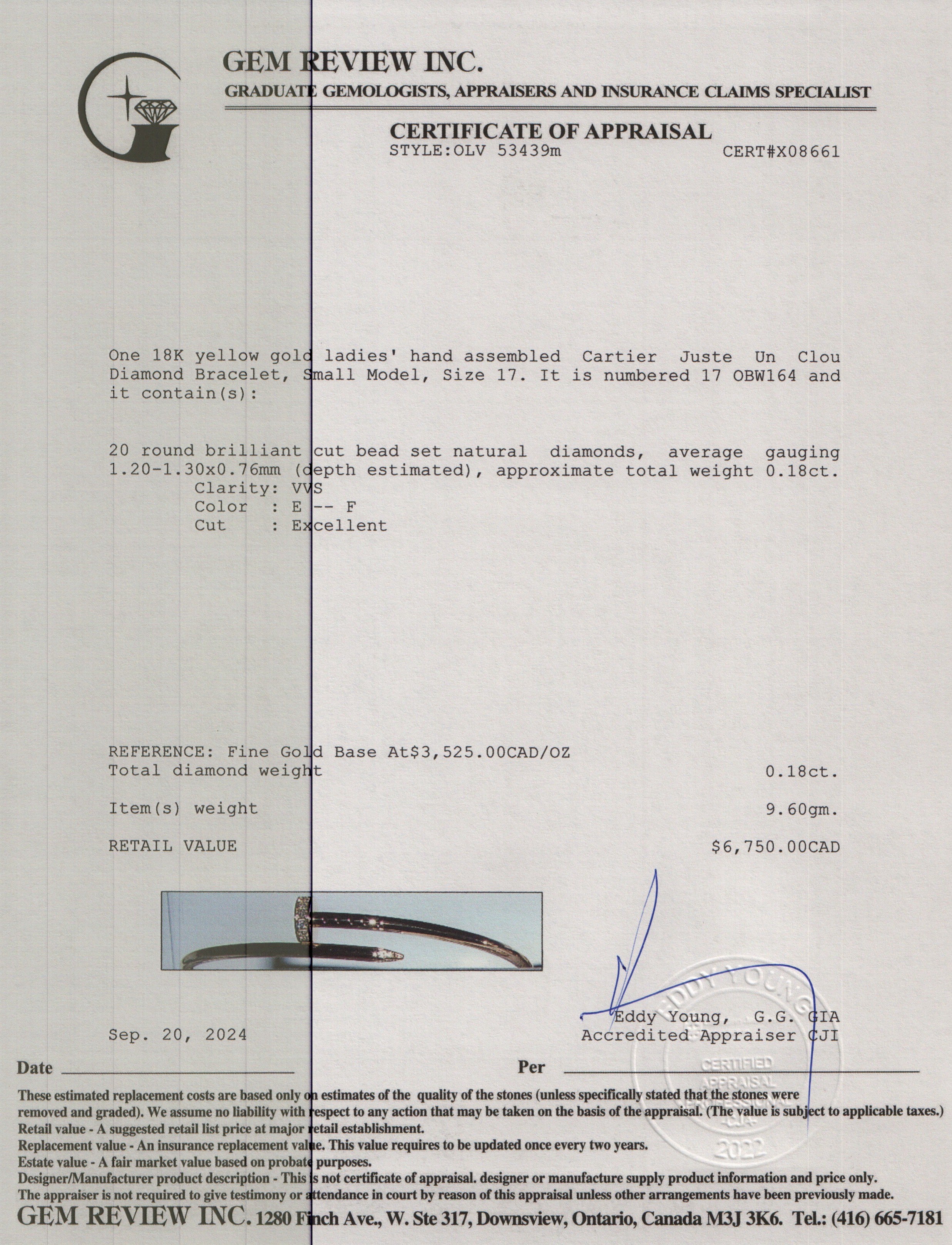 Cartier 18k Yellow Gold Juste Un Clou Diamond Bracelet, Small Model, Size 17