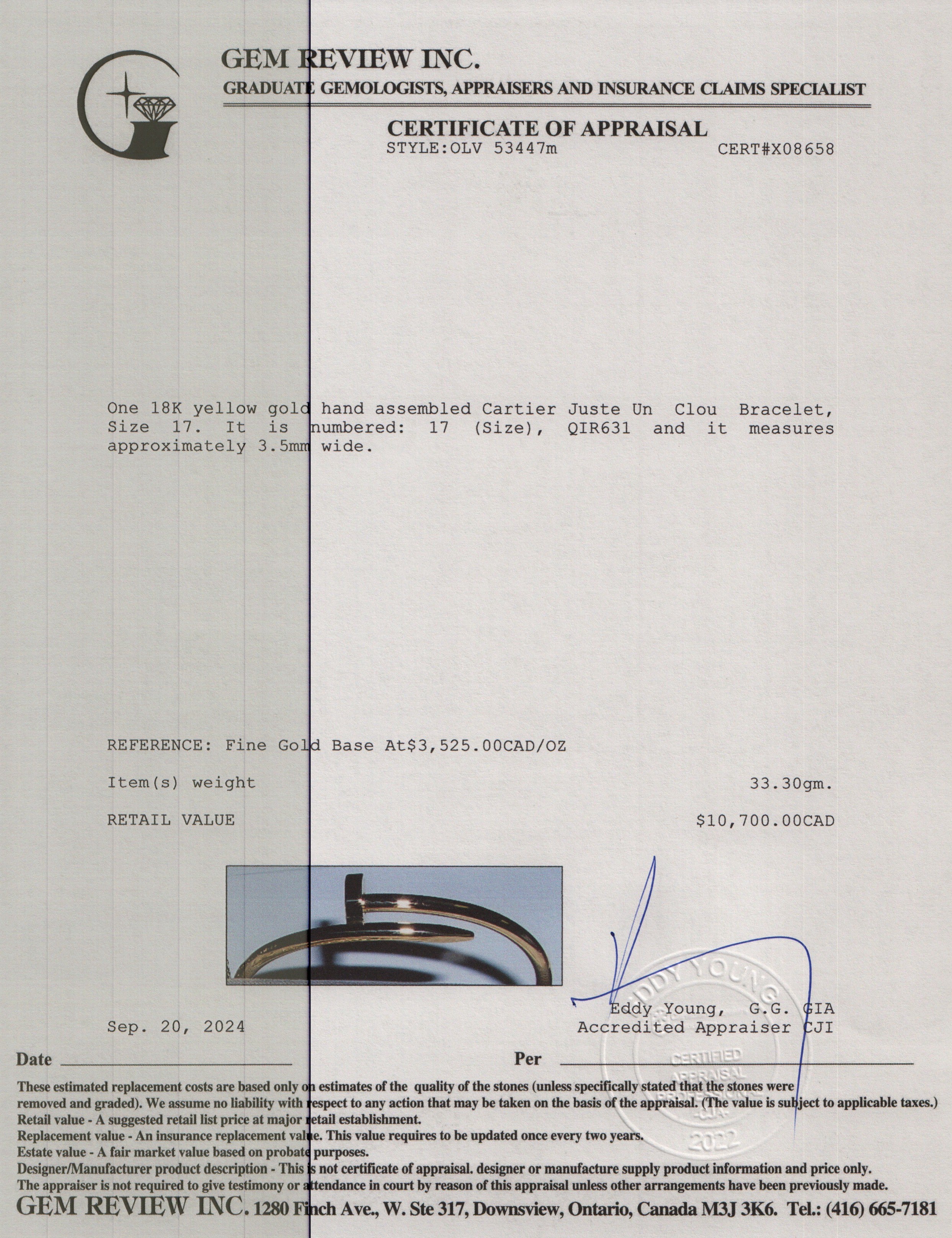 Cartier 2022 18k Yellow Gold Juste Un Clou Bracelet, Size 17 w/ Box & Certificate