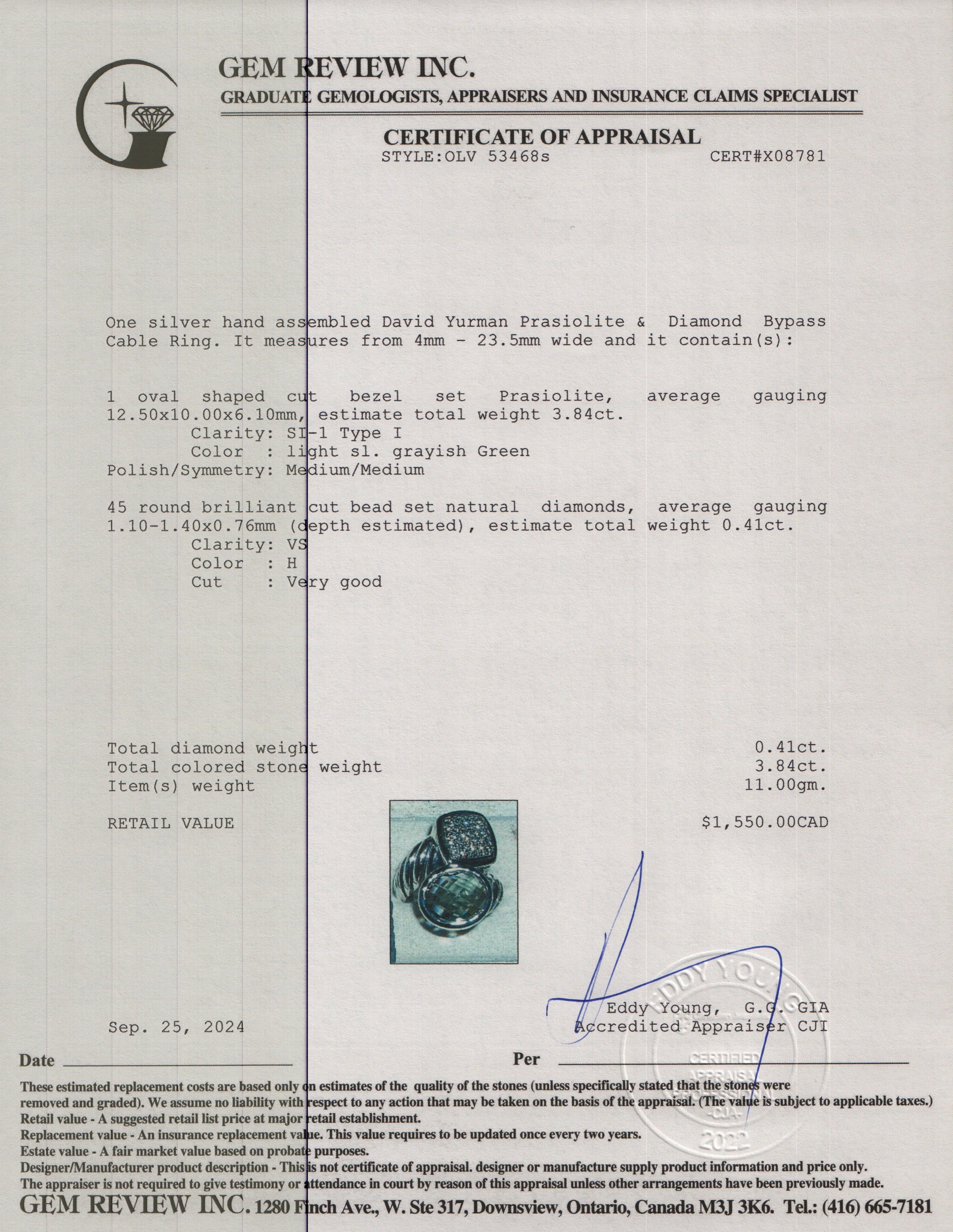 David Yurman Sterling Silver Prasiolite & Diamond Bypass Cable Ring, Size 6.25