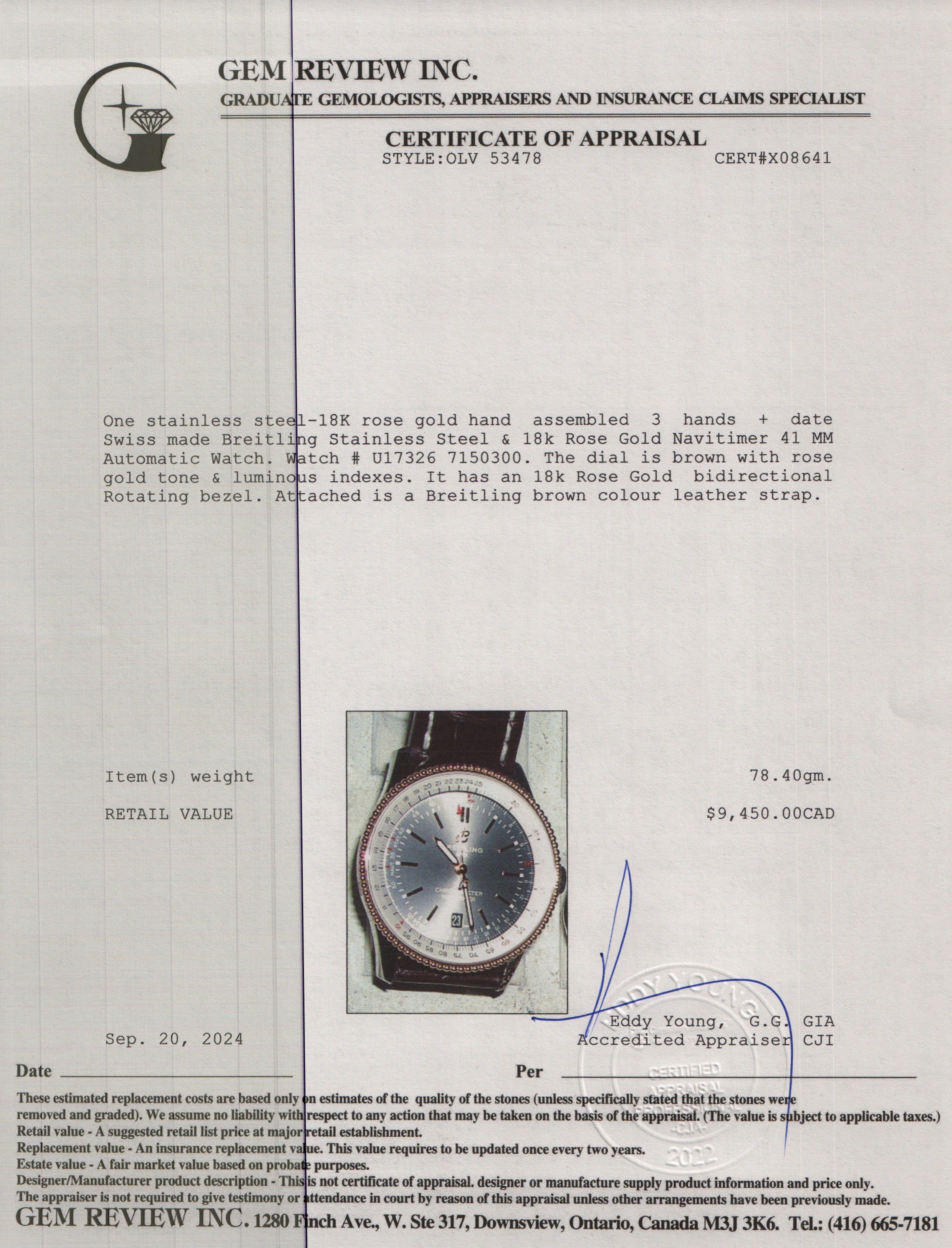 Breitling Stainless Steel & 18k Rose Gold Navitimer 41 MM Automatic Watch U17326