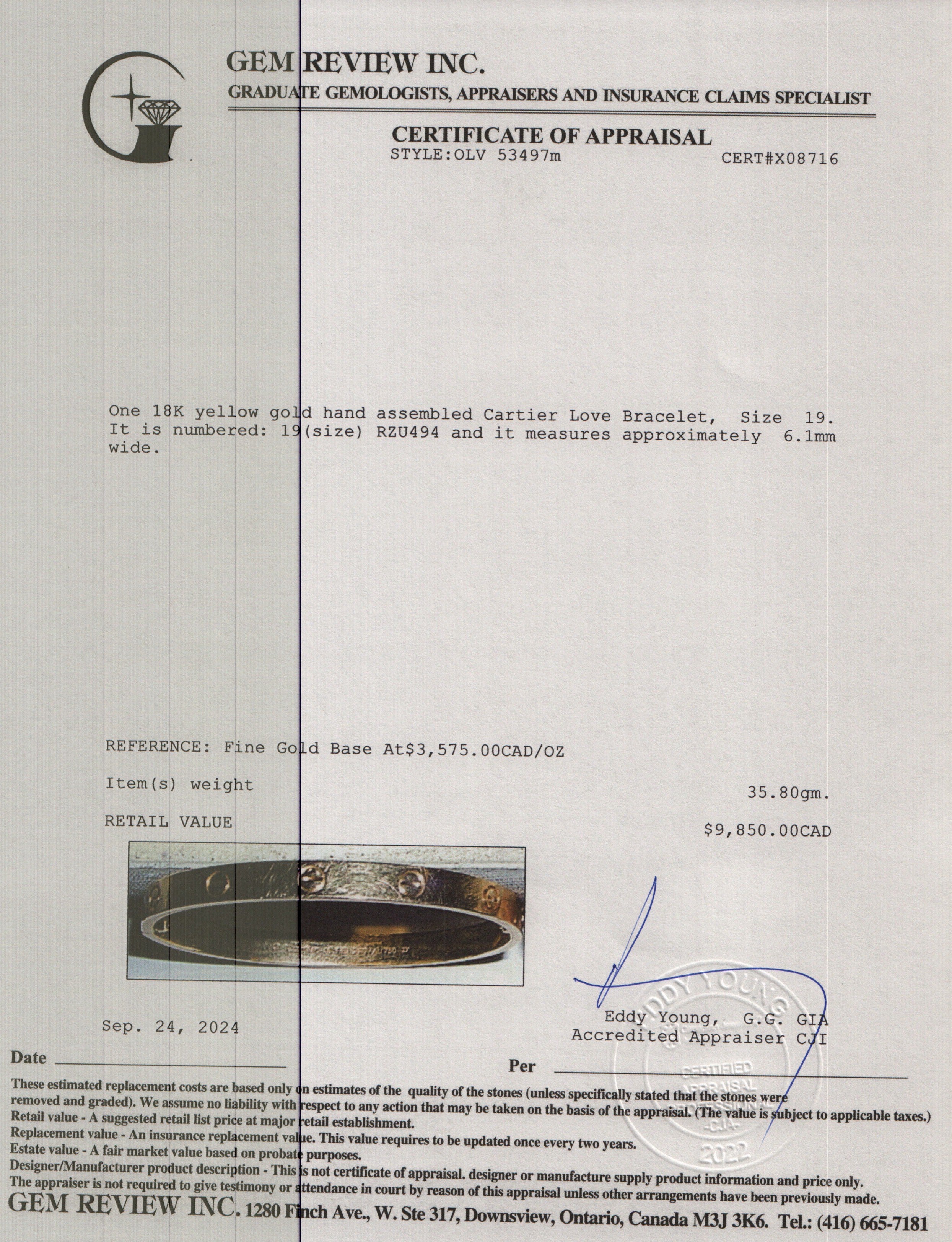 Cartier 18k Yellow Gold Love Bracelet, Size 19 w/ Certificate