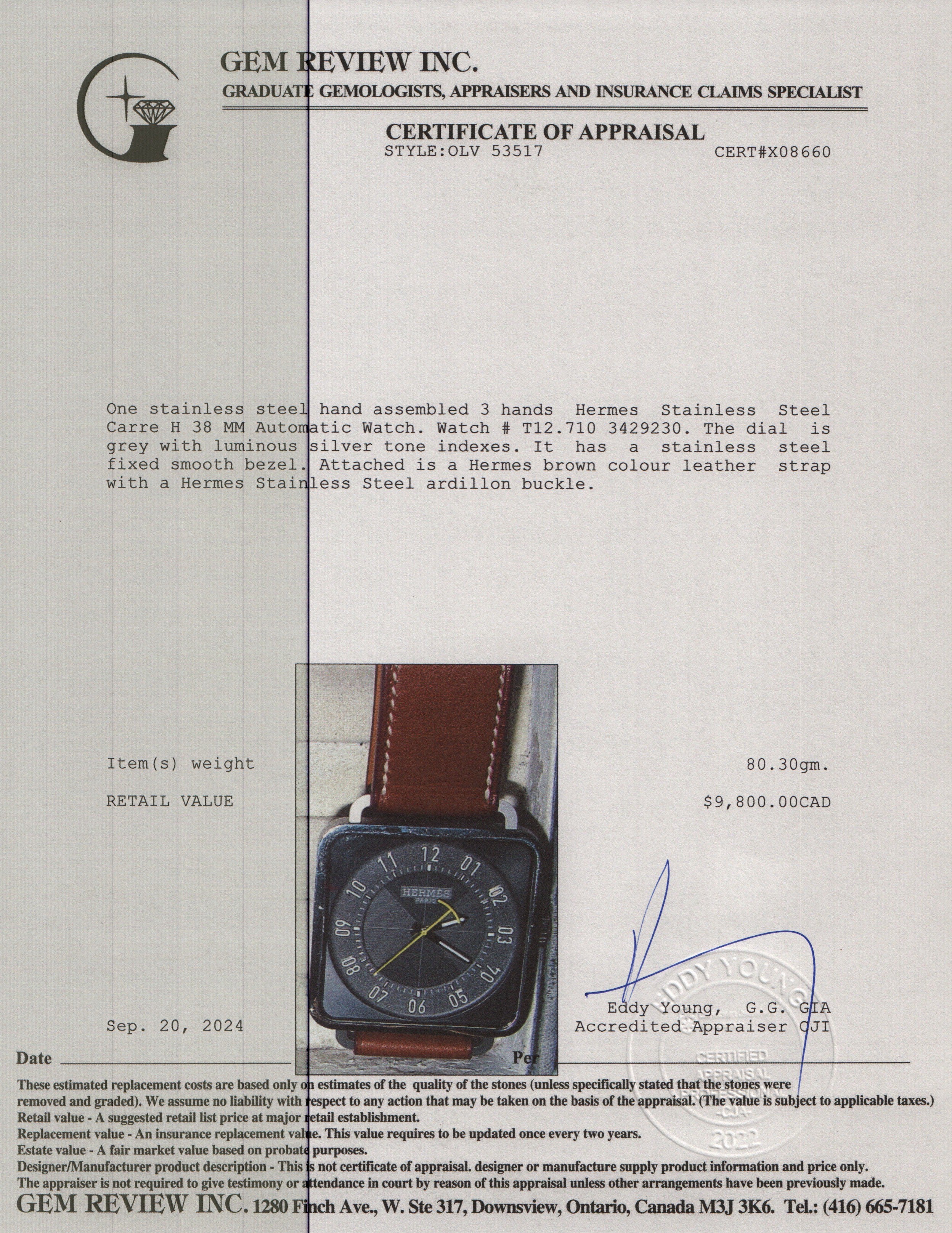 Hermes Stainless Steel Carre H 38 MM Automatic Watch