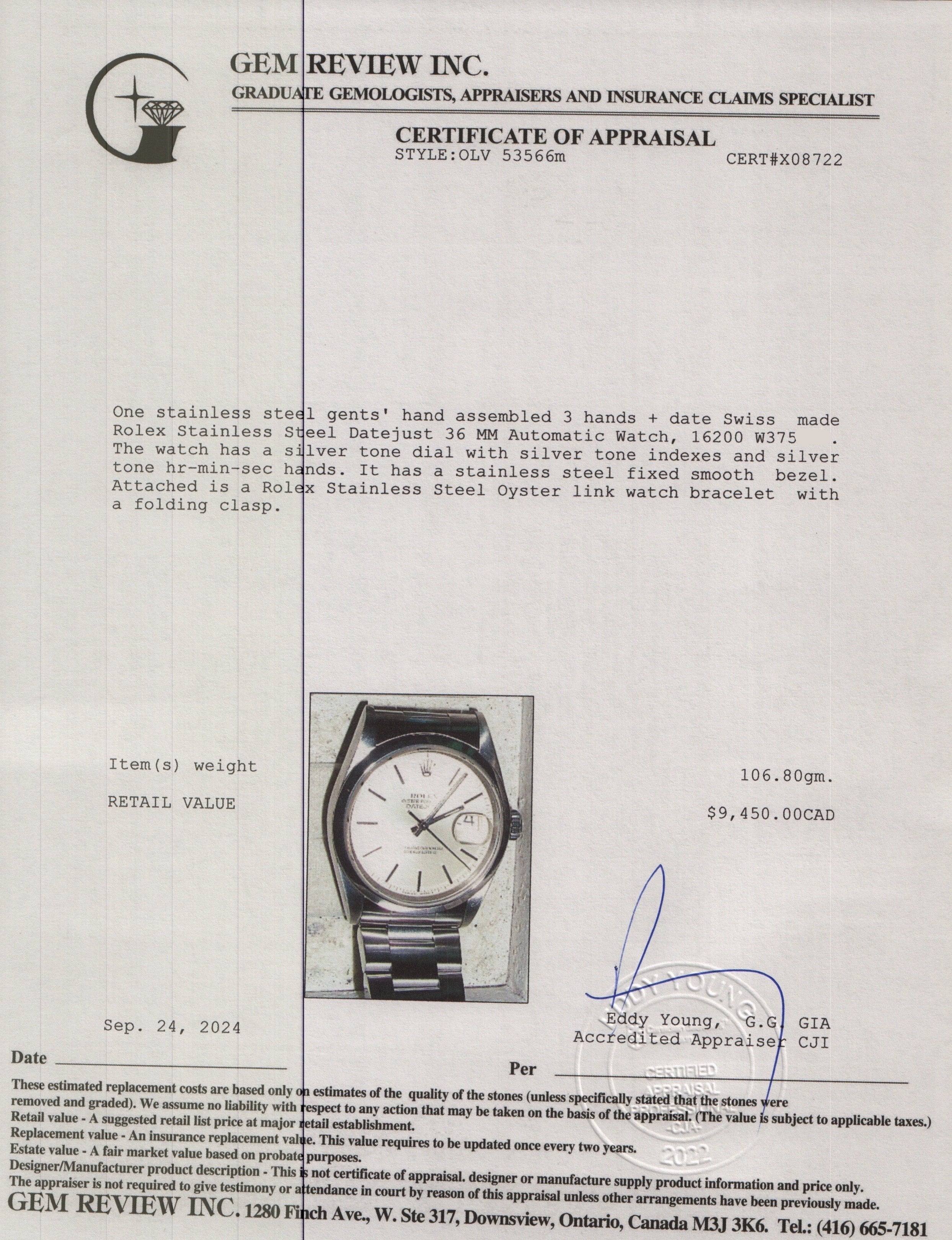 Rolex Stainless Steel Datejust 36 MM Automatic Watch 16200 w/ Box & Papers