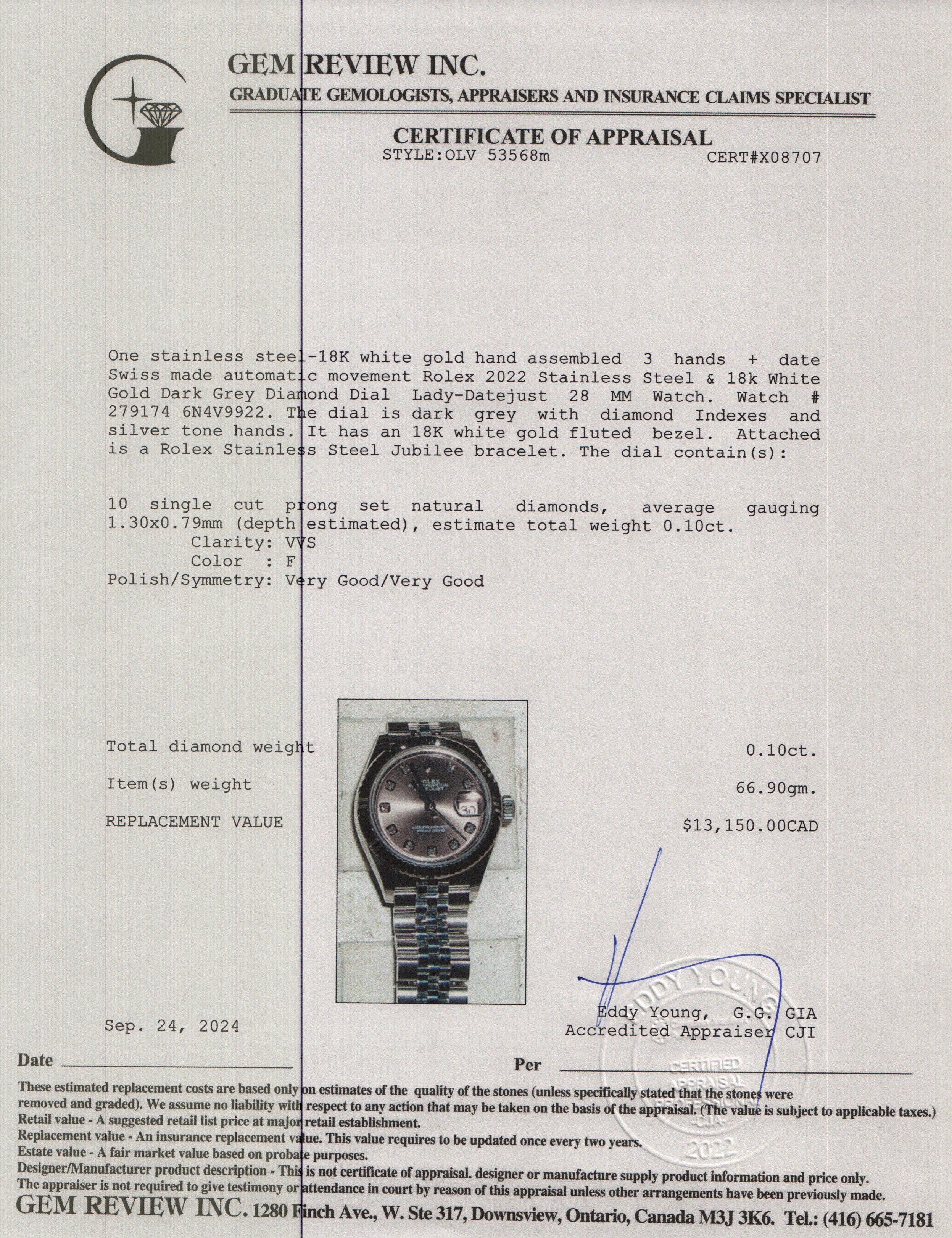 Rolex 2022 Stainless Steel & 18k White Gold Dark Grey Diamond Dial Lady-Datejust 28 MM Watch 279174 w/ Box & Papers