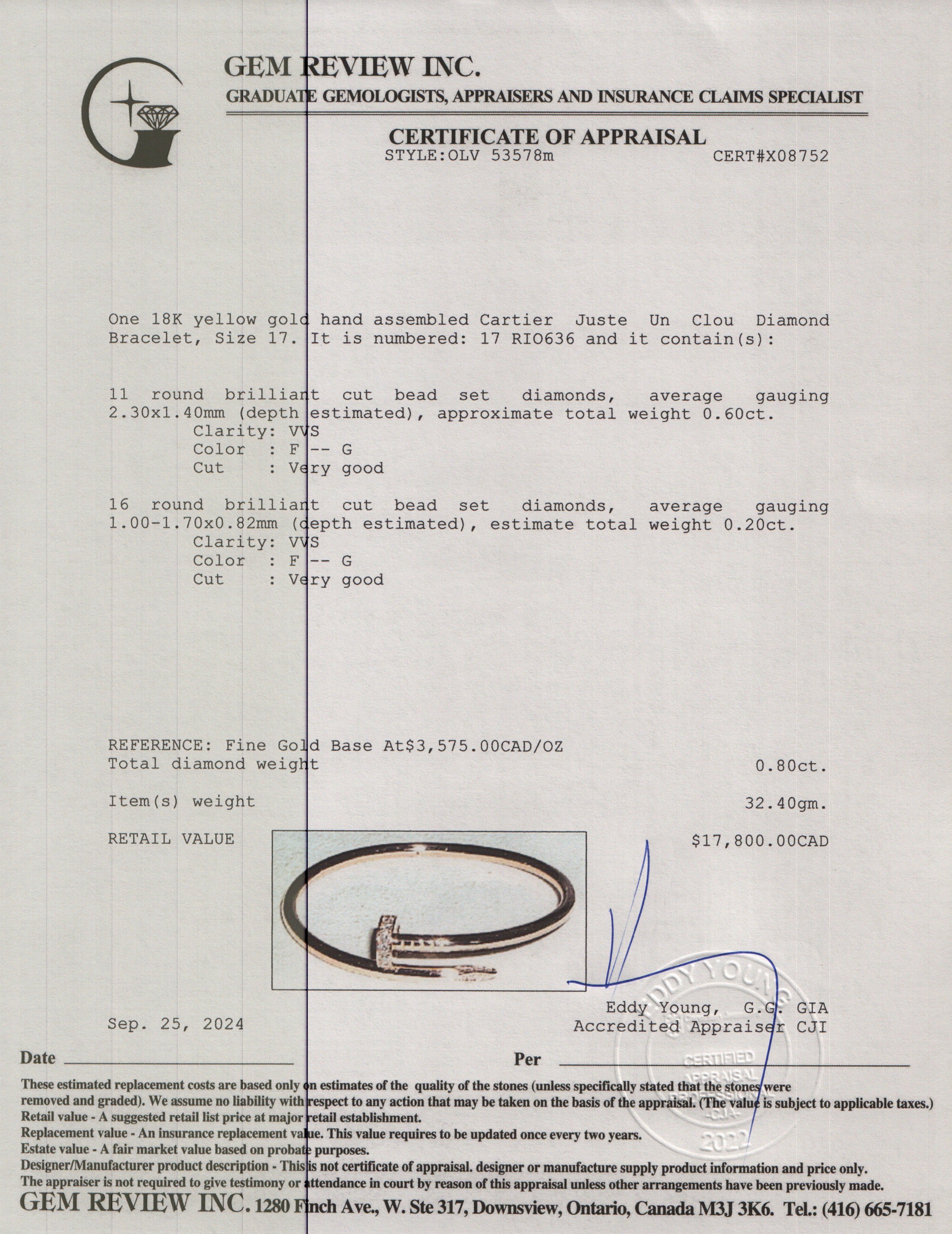 Cartier 2023 18k Yellow Gold Juste Un Clou Diamond Bracelet, Size 17 w/ Box & Certificate