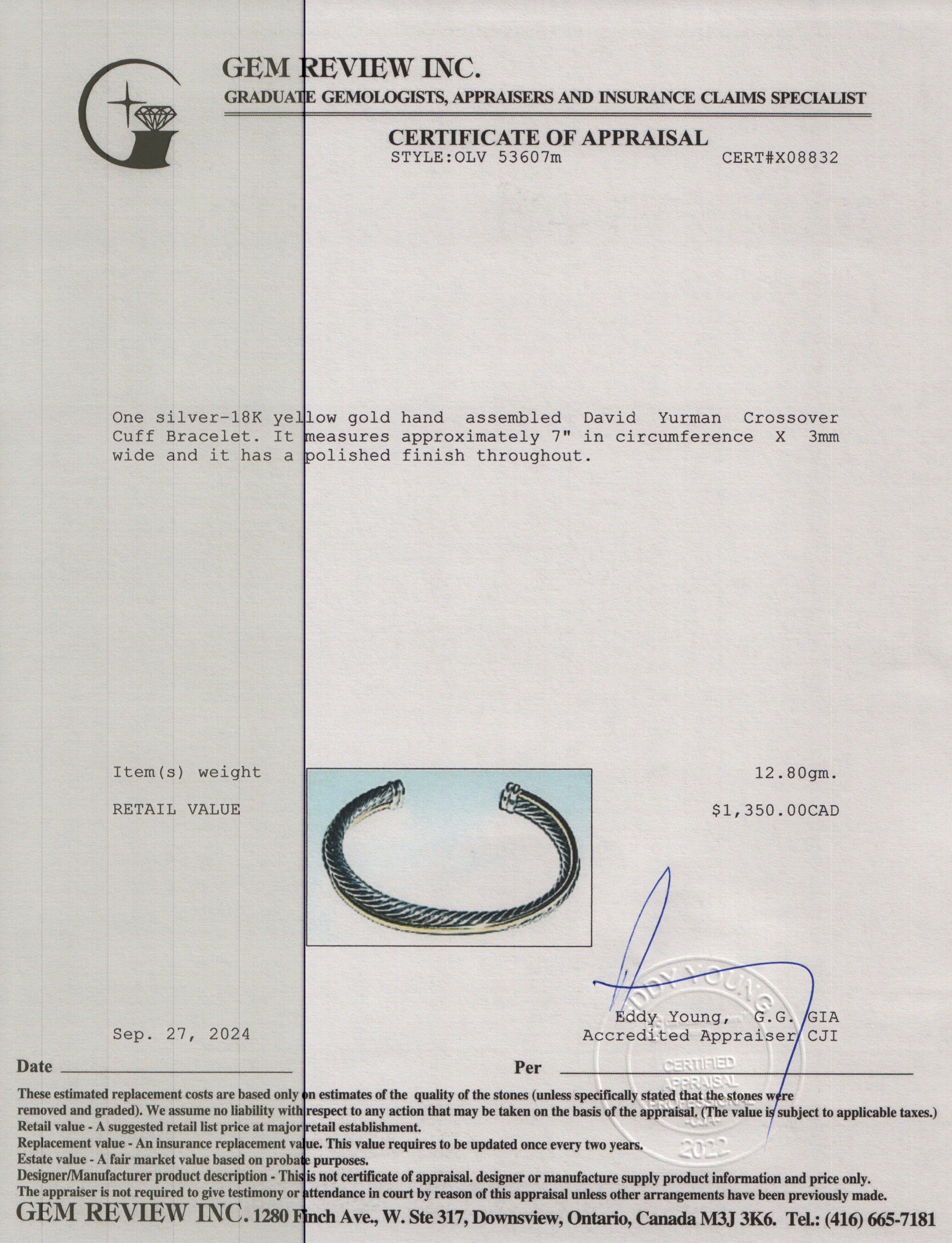 David Yurman Sterling Silver & 18k Yellow Gold 3 MM Crossover Cuff Bracelet