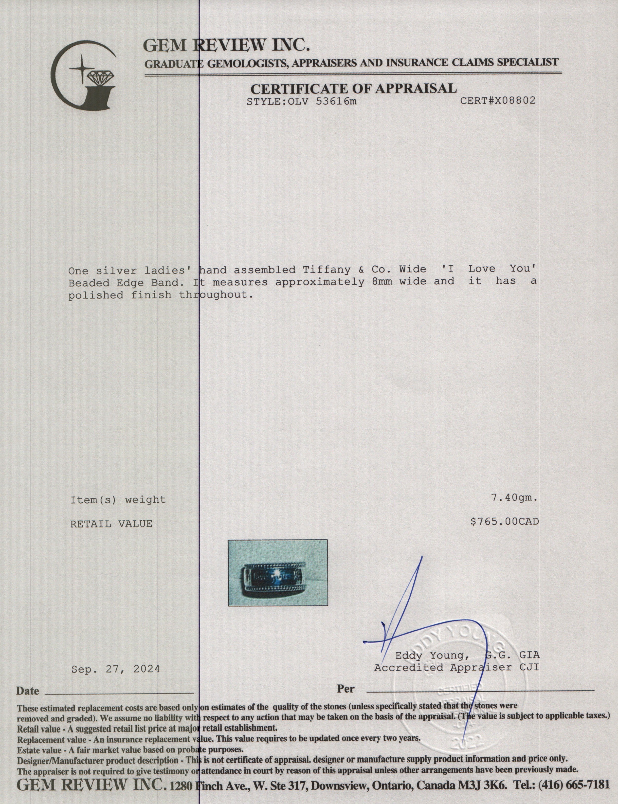 Tiffany & Co. Sterling Silver Wide 'I Love You' Beaded Edge Band, Size 6.5