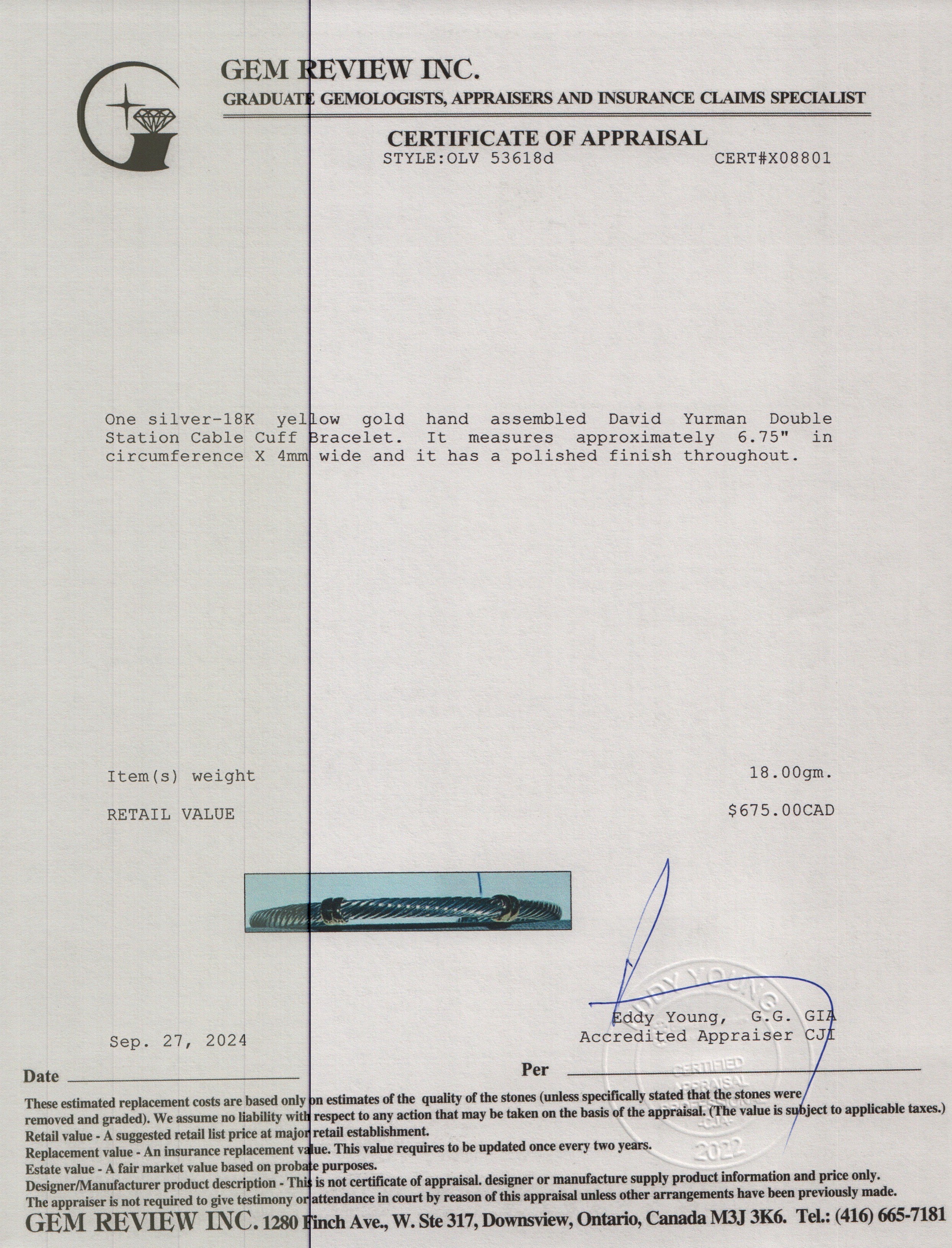 David Yurman Sterling Silver & 18k Yellow Gold 4 MM Double Station Cable Cuff Bracelet