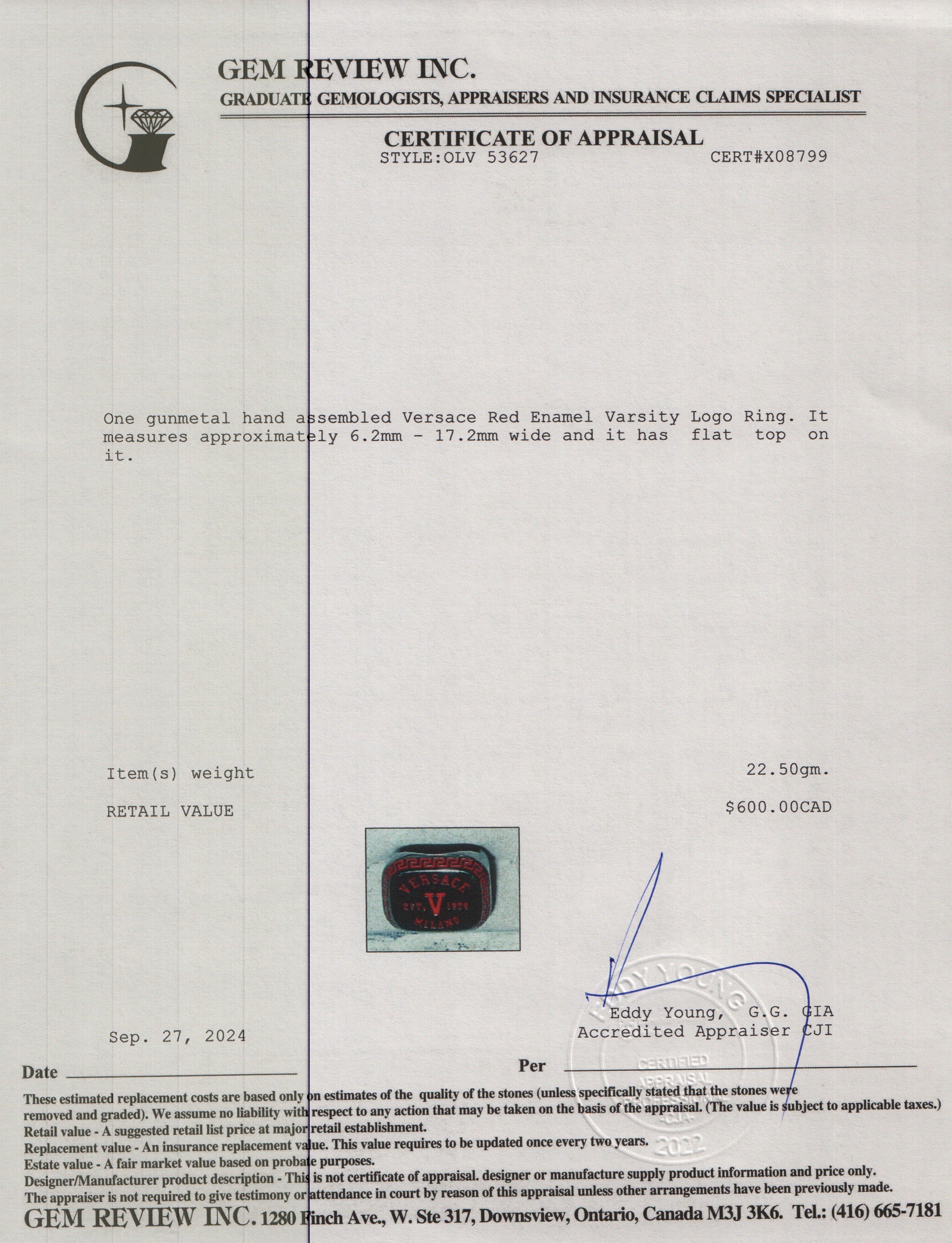 Versace Gunmetal & Red Enamel Varsity Logo Ring, Size 5.25 w/ Box